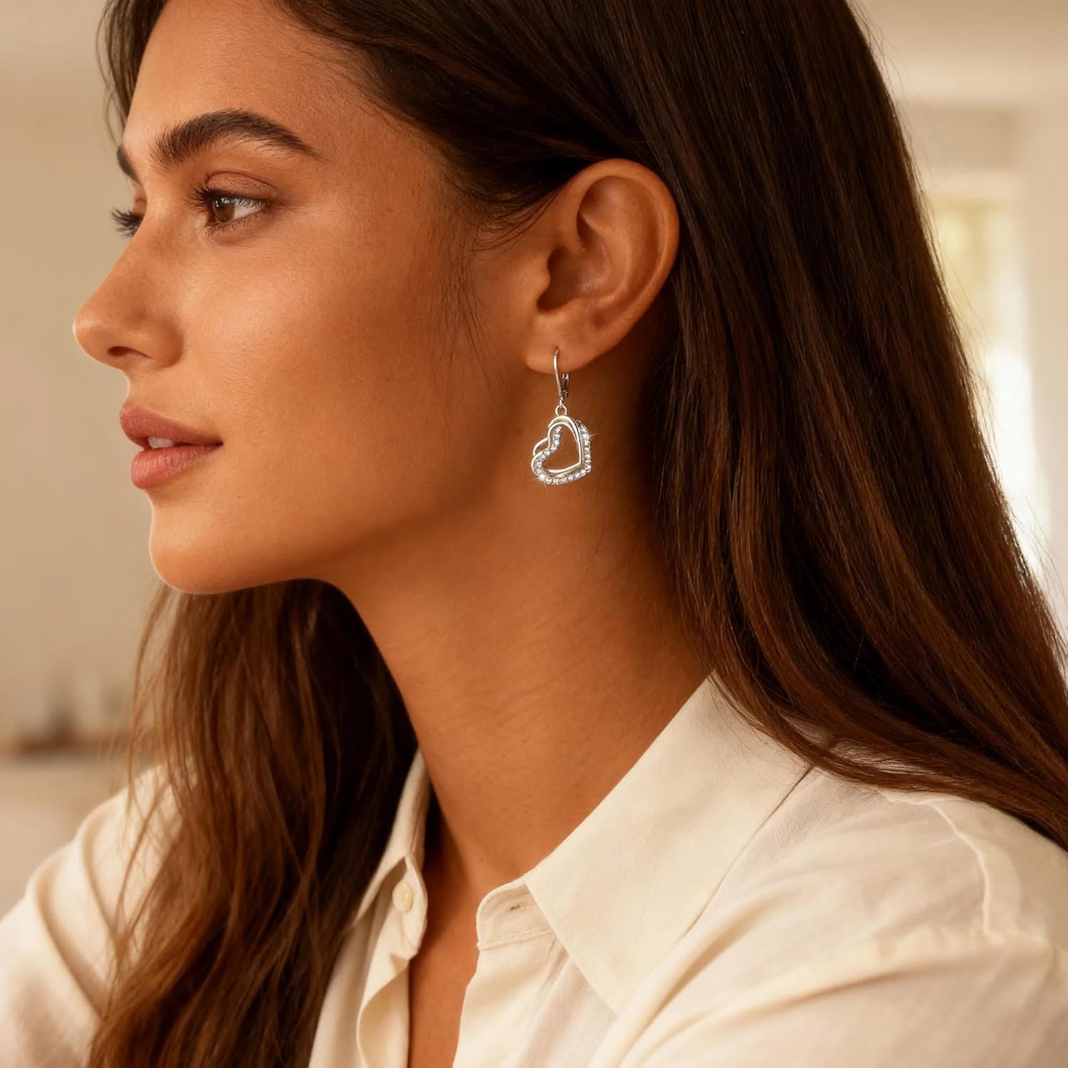 925 Sterling Silver Heart Earrings for Women, 14K Gold Plated Cubic Zirconia Dangle Earrings, Leverback Hypoallergenic Drop Earings for Women, Valentine's Day Gifts - Image 2