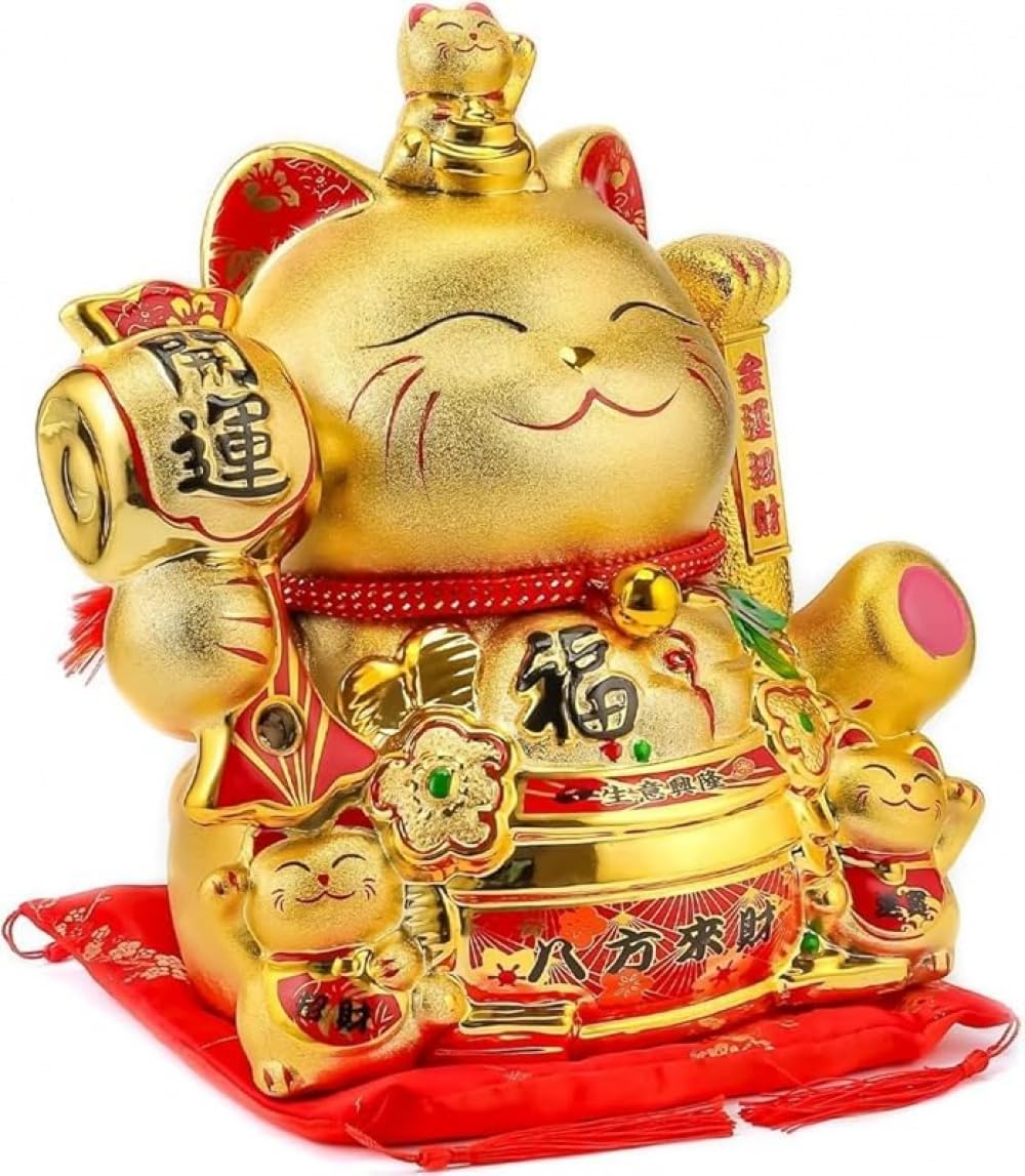 AOBOPO 金色招き猫置物 大型電磁器製 手描きハンドメイド 自動腕振り仕掛け 開店祝いビジネス風水 金運商売繁盛 富と繁栄のお守り 魔除け家内安全 幸運を呼ぶ 店舗オフィス自宅用 置物オブジェ ギフト贈答品 : Home & Kitchen