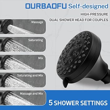 OURBAOFU Tandem Shower, Double Shower Heads for Couples & Handheld head | Triple Shower Head System for Two People, 360Adjustable High Pressure,48-78 In for Renter Bathroom,Dual Shower Heads-Black