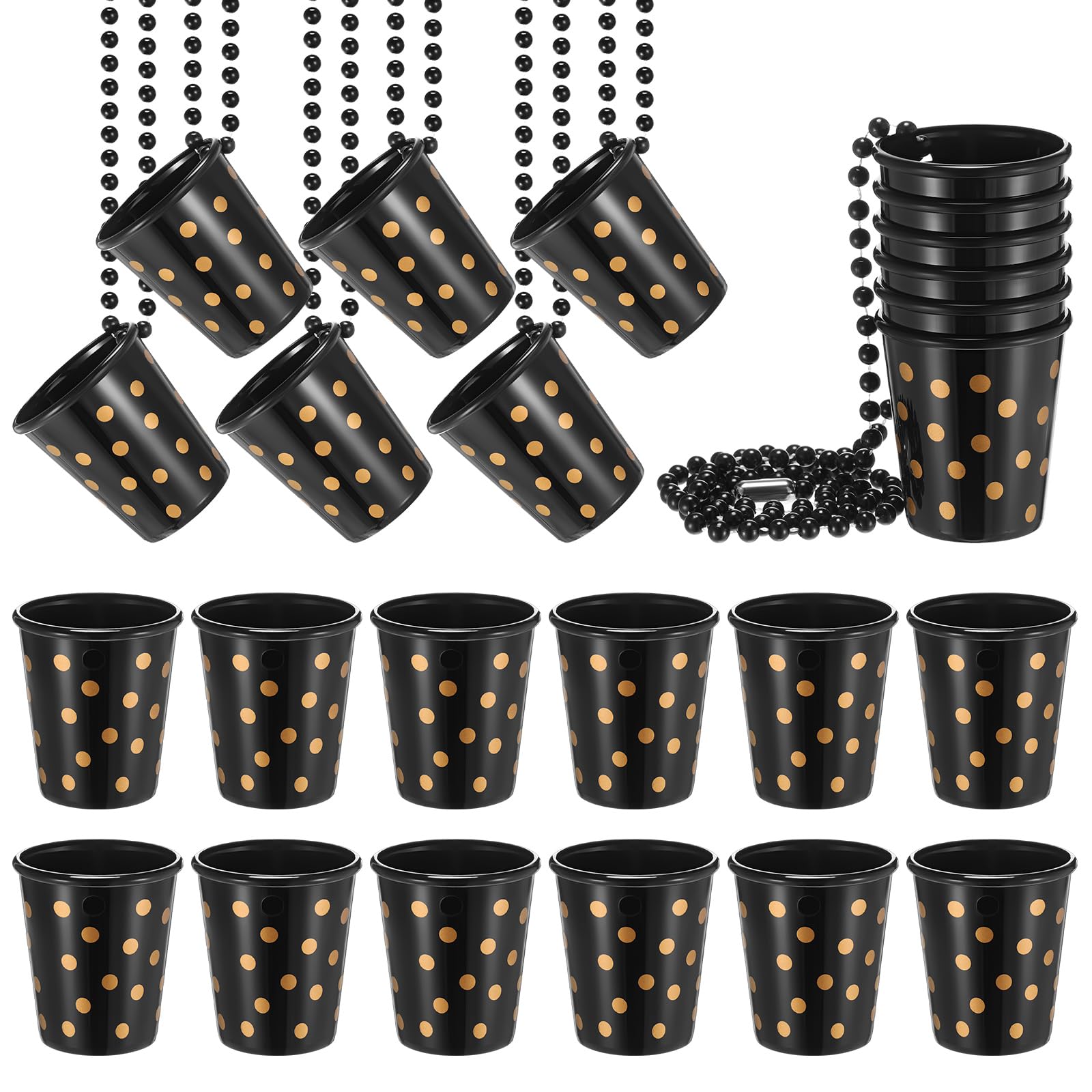 Huquary 24 Pcs Shot Glass on Beaded Necklace Black and Gold Plastic Birthday Shot Glass Necklace for Party Supplies Decorations