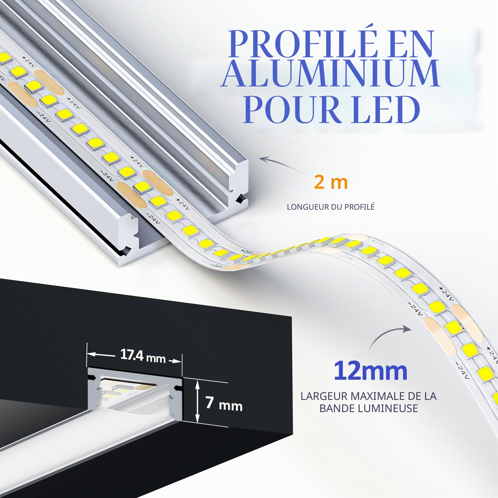 Profilé LED 2m en aluminium anodisé, compatible avec ruban 12mm, avec diffuseur opale, idéal comme Rail LED pour un éclairage homogène (SP26, 30 Stück (insgesamt 60m))