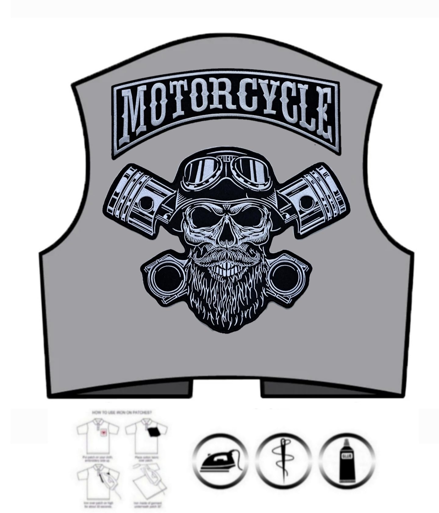 Juego de 2 parches bordados Biker "Motorcycle" + Punck Skull XXL parches termoadhesivos para chalecos y chaquetas de moto, para decorar chaquetas de moto, bordado en accesorios de ropa, manualidades.