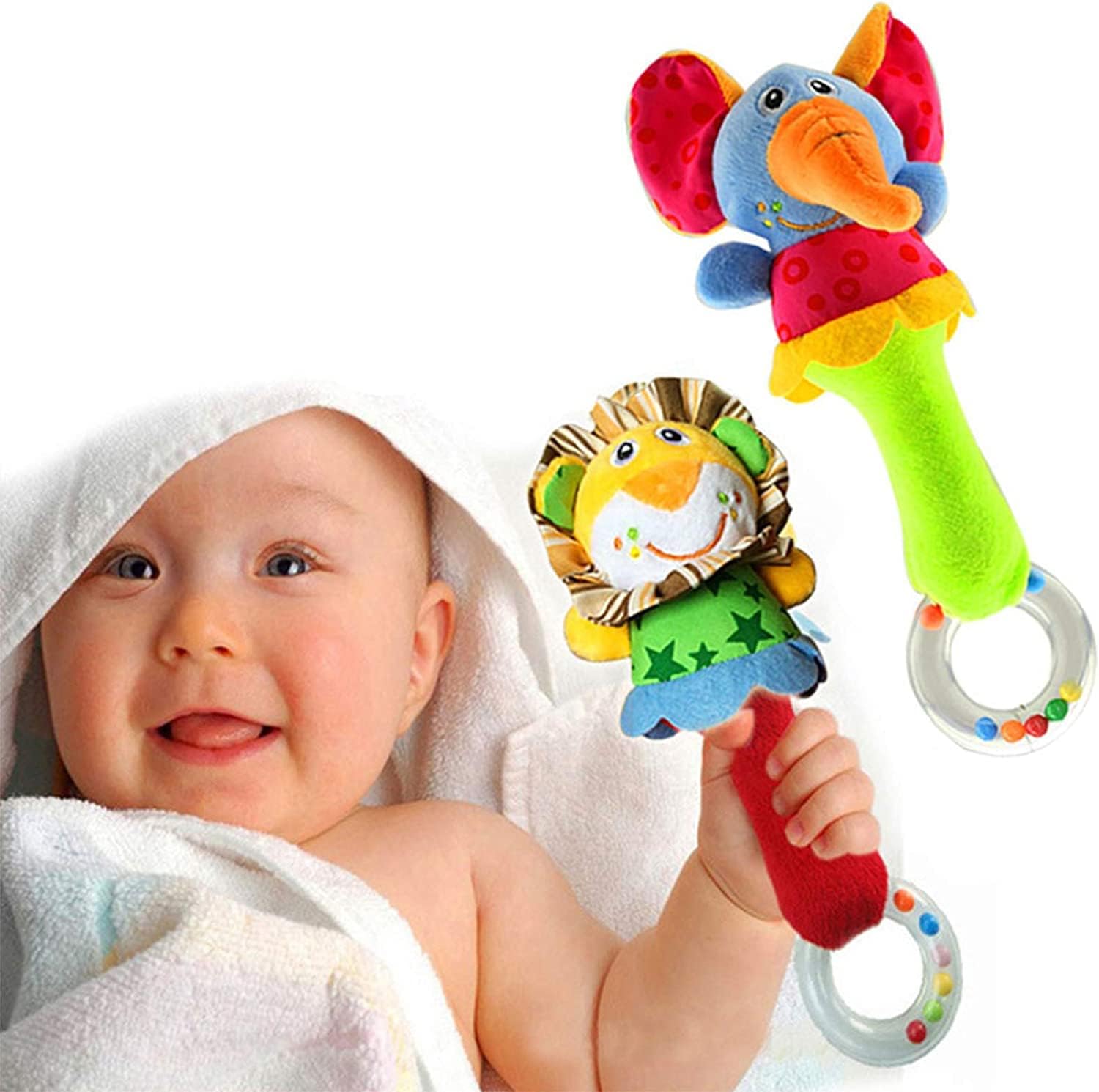 Baby Soft Rattles Shaker, Infant Developmental Hand Grip Baby Toys, Cute Stuffed Animal with Sound for 3 6 9 12 Months and Newborn Gift(2 Pack)