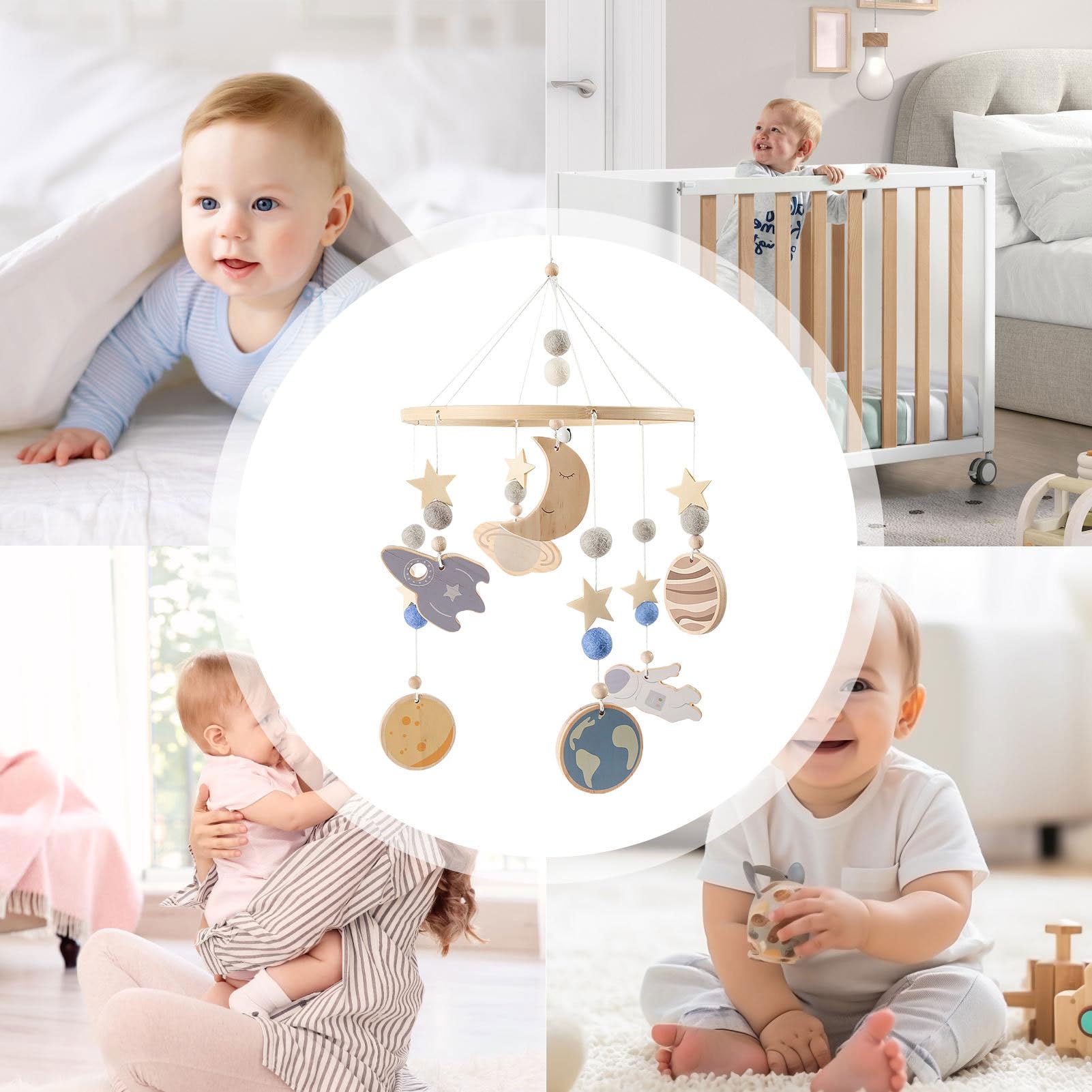 Mobile per culla in legno, design girevole a 360°, rilassante, con del | Mobile da appendere in legno per culla per camera dei bambini, biancheria da letto, gioco, sonno, viaggio e notte