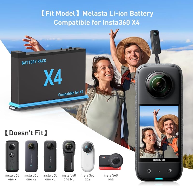 Pachet încărcător baterii Melasta pentru camera Insta360 X4, baterie de schimb Li-ion 3.85V 2500mAh, 2 acumulatori și 1 încărcător cu două porturi