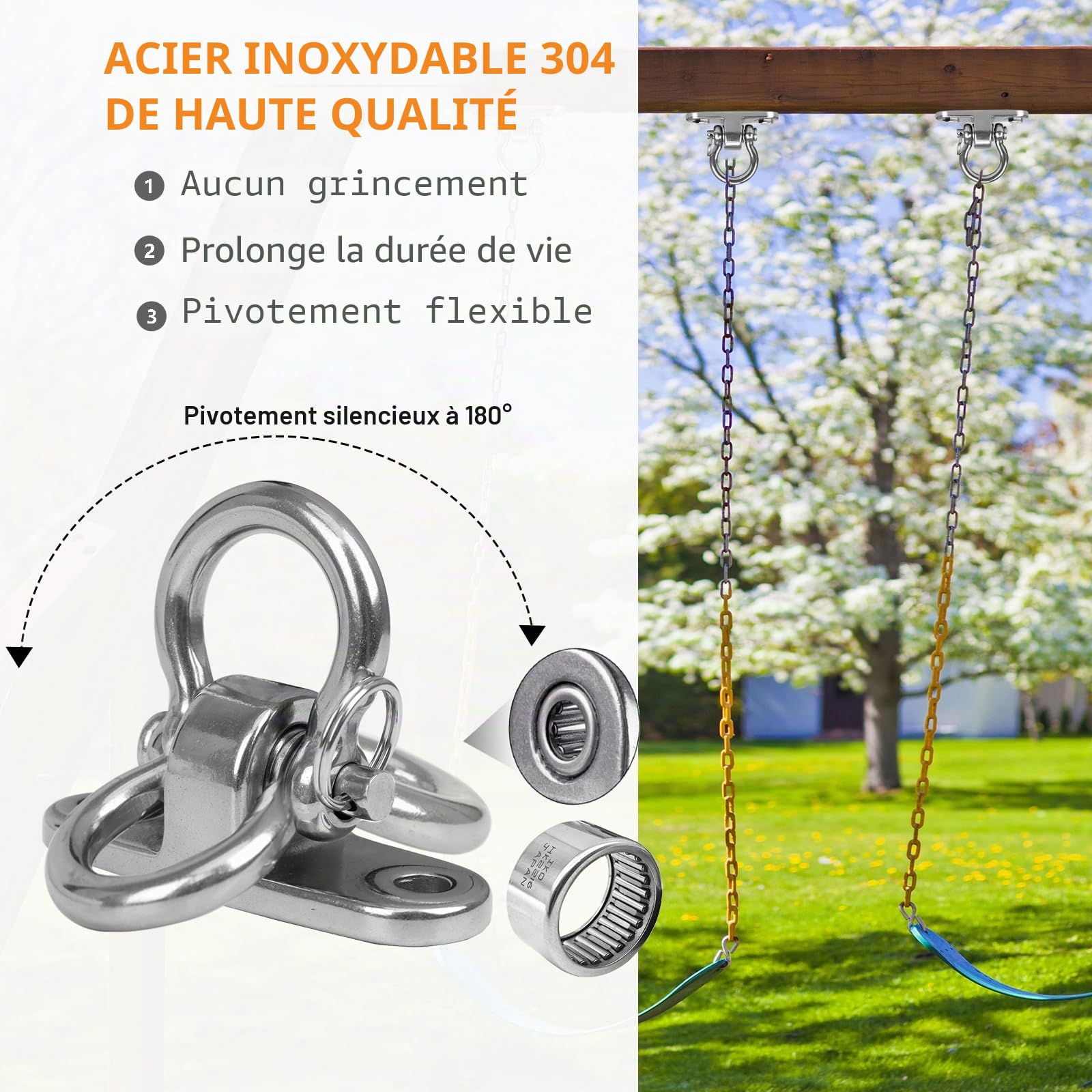 2 Pièces crochets acier inoxydable très résistants, crochets de plafond rotatifs à 180° kit de suspension fixation de hamac avec palier pour Chaise Suspendue, balançoire,Yoga,capacité de charge 680 KG