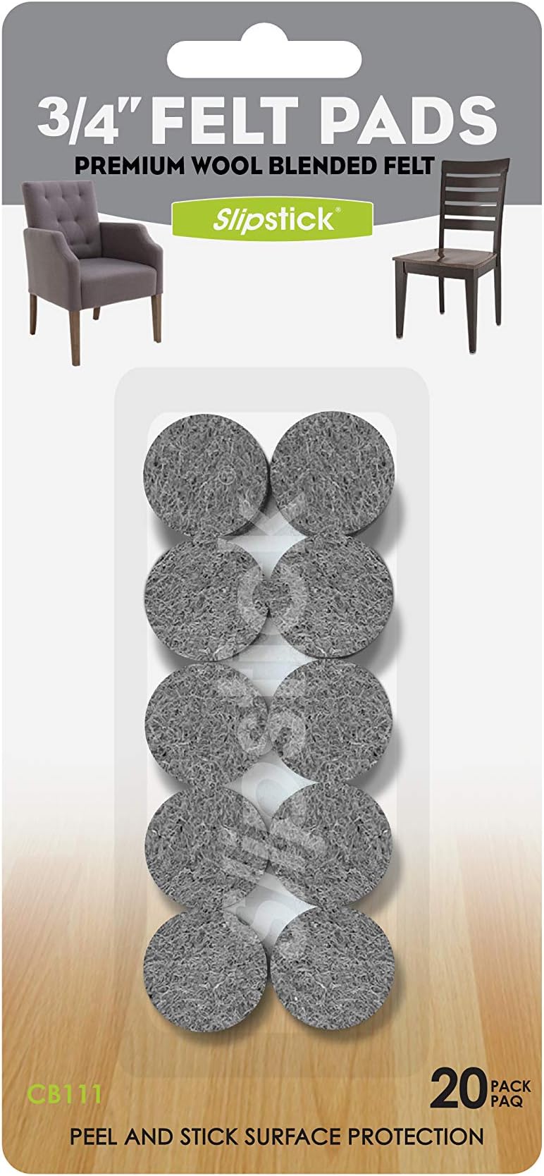 Slipstick Premium Wool Felt Furniture Pads/Small Chair Feet Floor Protectors (3/4 Inch Round) Includes 20 Heavy-Duty Felt Pads with Self Stick Adhesive, Gray, CB111