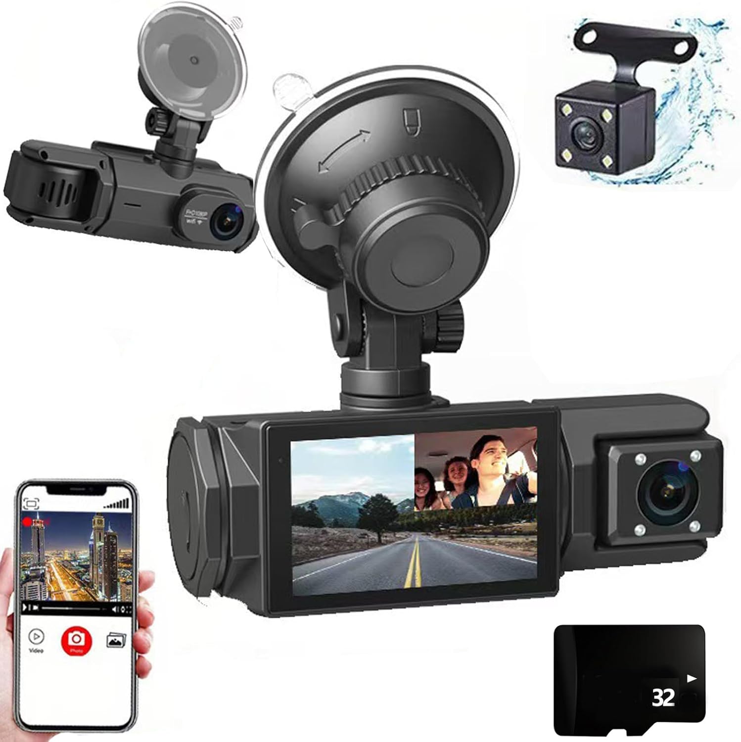 LJXWRF 3-Channel 1080P Wireless Dash Cam: Front Interior Rear Triple View Night Vision Full Car Protection