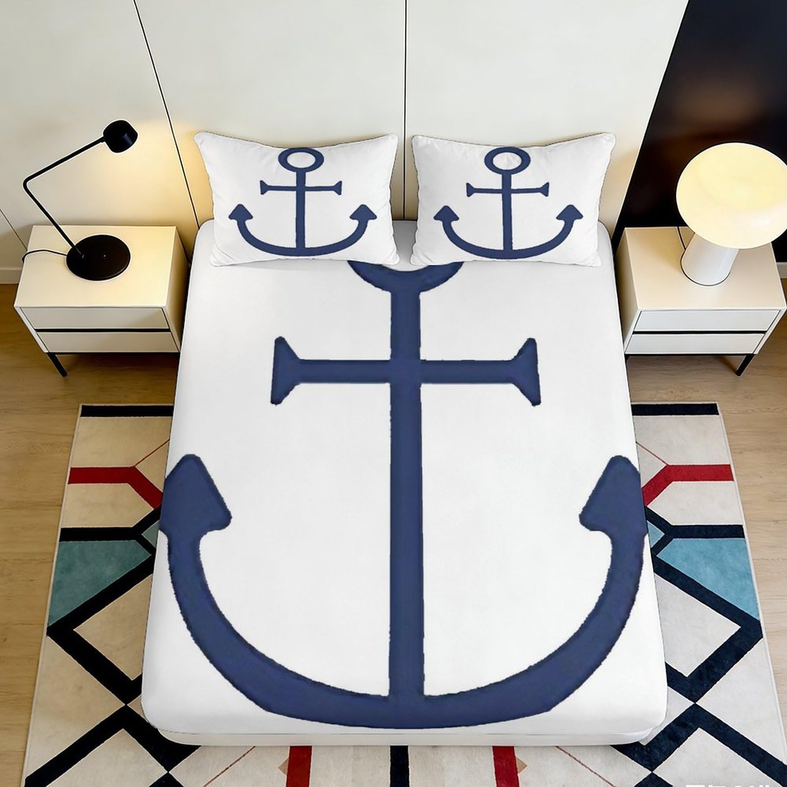 3D Printed Blue Anchor Fitted Sheet Microfiber Soft Breathable Nautical Bed Cover for Bedroom Dormitory Guest Room Mattress Protection Decor 120x200x25cm