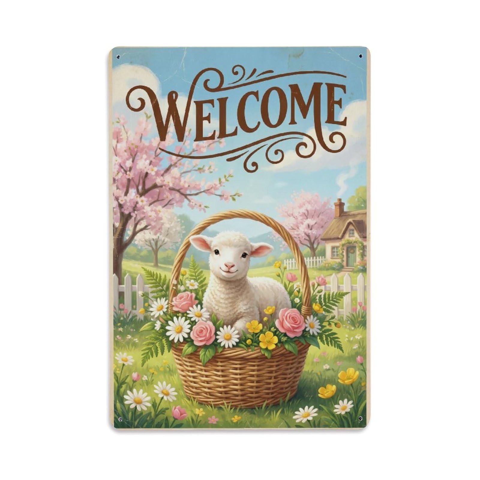 Cxhjca 8X12inch(20X30cm) [Vintage Welcome] Lamb Sunny Meadow Metal Tin Sign