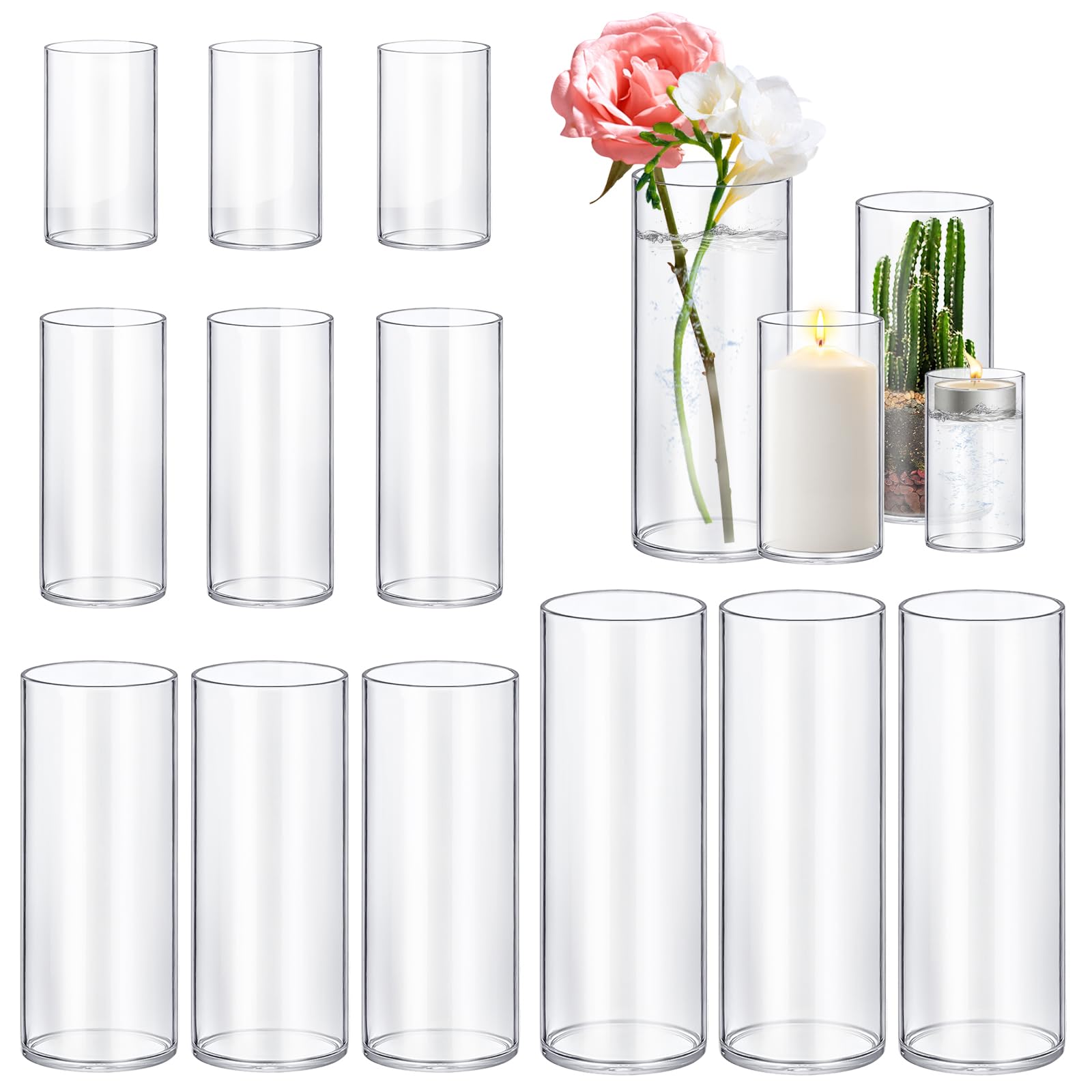 Photo 1 of 12 Pack Glass Cylinder Vases 4,6,8,10 Inch Tall Clear Flower Vase Hurricane Floating Candle Holder for Table Centerpiece Wedding Home Decor.