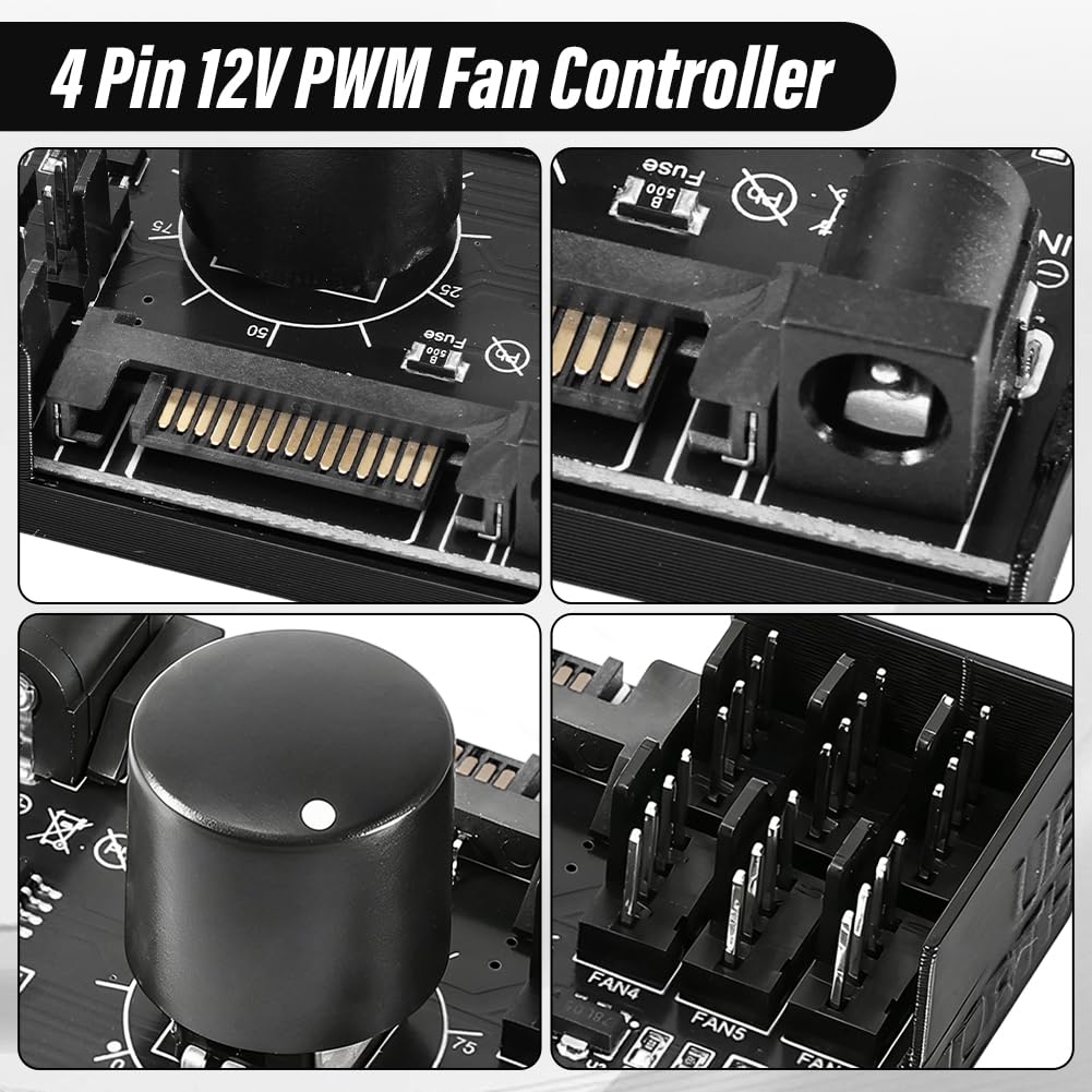 PWM Binghe PWM wentylator z 1 do 6 4-pinowym 12 V i kablem, koncentrator adaptera wentylatora PC z zasilaniem przez SATA i DC 5525, regulator prędkości wentylatora, kontroler obsługuje 6 wentylatorów