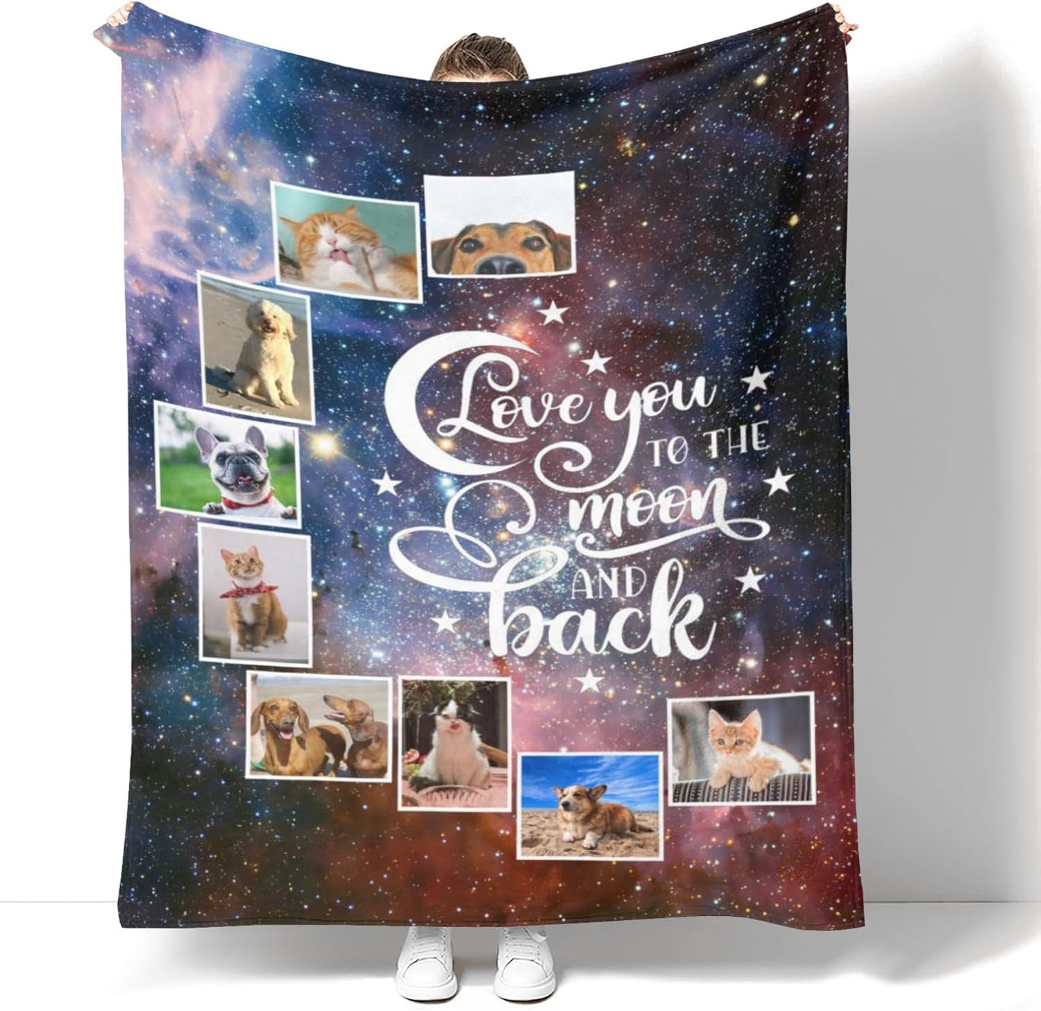 to the Moon and Back Blanket, Personalized Blanket with Photo Collage, Customized Throw Blanket for Couch Sofa Bed, Soft Warm Fuzzy Cozy, 40" x 50", 9 Photos