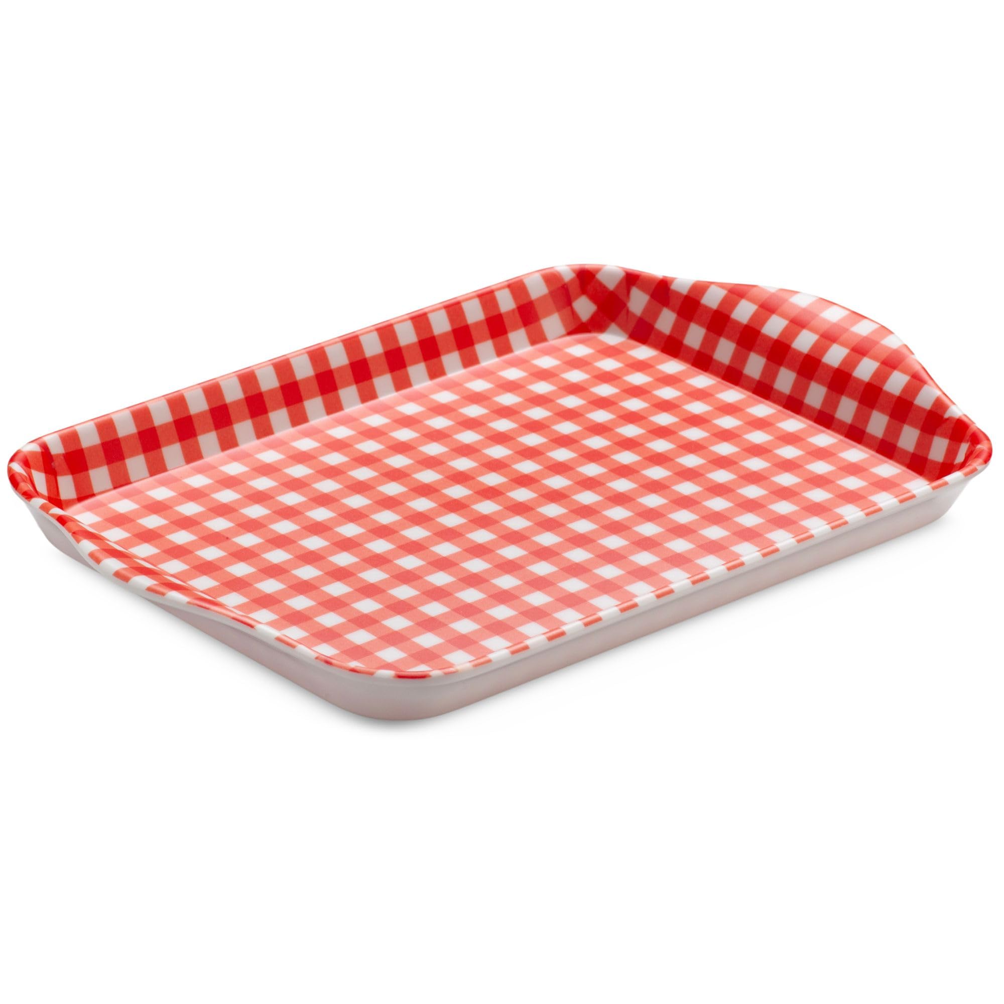 Zeal Mini Serving Tray, Small Melamine Tea & Coffee Tray, Gingham Pattern Snack & Drinks Tray with Raised Handles, BPA Free, 18 x 14cm (Red)