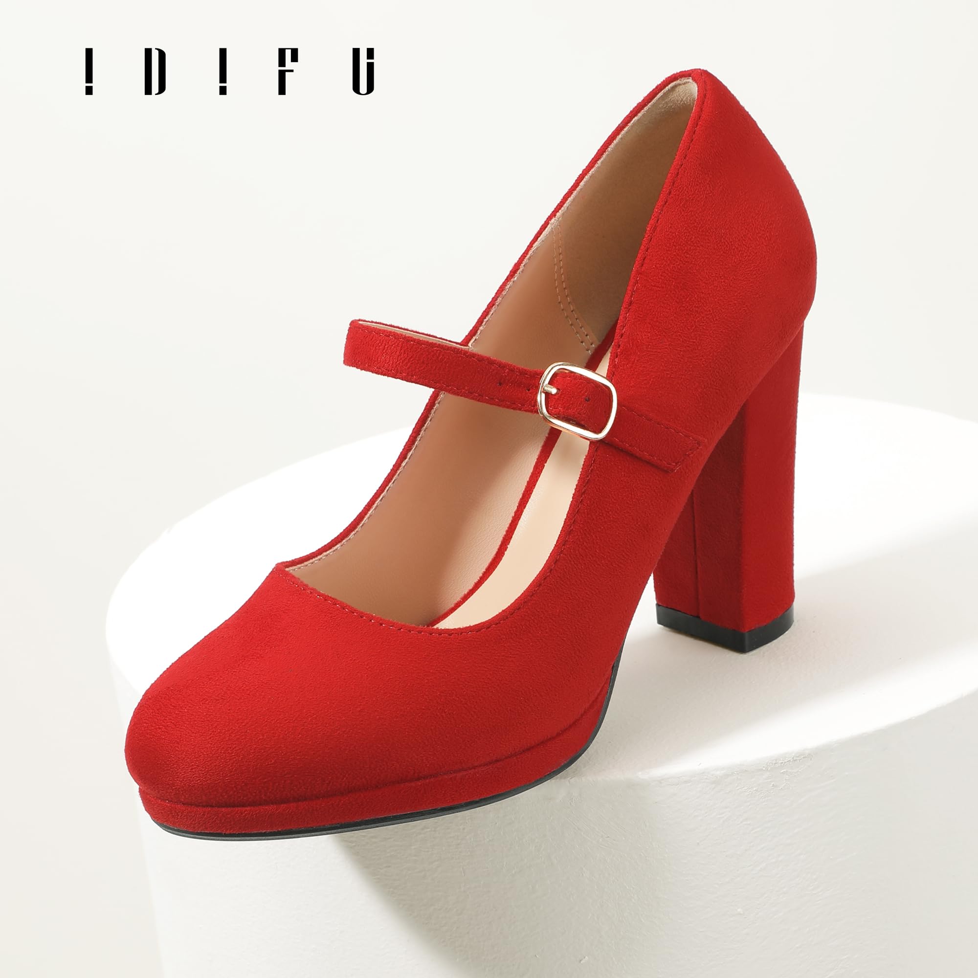 IDIFU IN4 Mary Jane Shoes Closed Toe Heels Platform High Chunky Block Heels Women's Pumps Comfortable Dress Shoes for Women Wedding Bridal Work Fashion Round Toe Pumps Shoes: 10 Red Suede