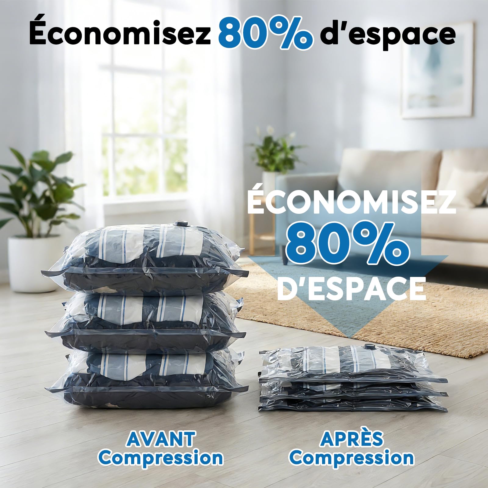 Sacs Sous Vide Vetement Aspirateur avec Pompe Électrique 60000Pa, 18 Unité Sacs de Rangement Sous Vide en 3 Tailles(40*50/40*60/50*60CM), Économisez 80% pour Les Bagages de Voyage et L’organisation
