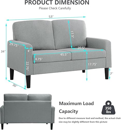 Miniatura 2 de BEEY Sofá biplaza moderno, sofá biplaza pequeño de 53 pulgadas para espacios pequeños, sofá de 2 plazas de tela de lino para sala de estar y