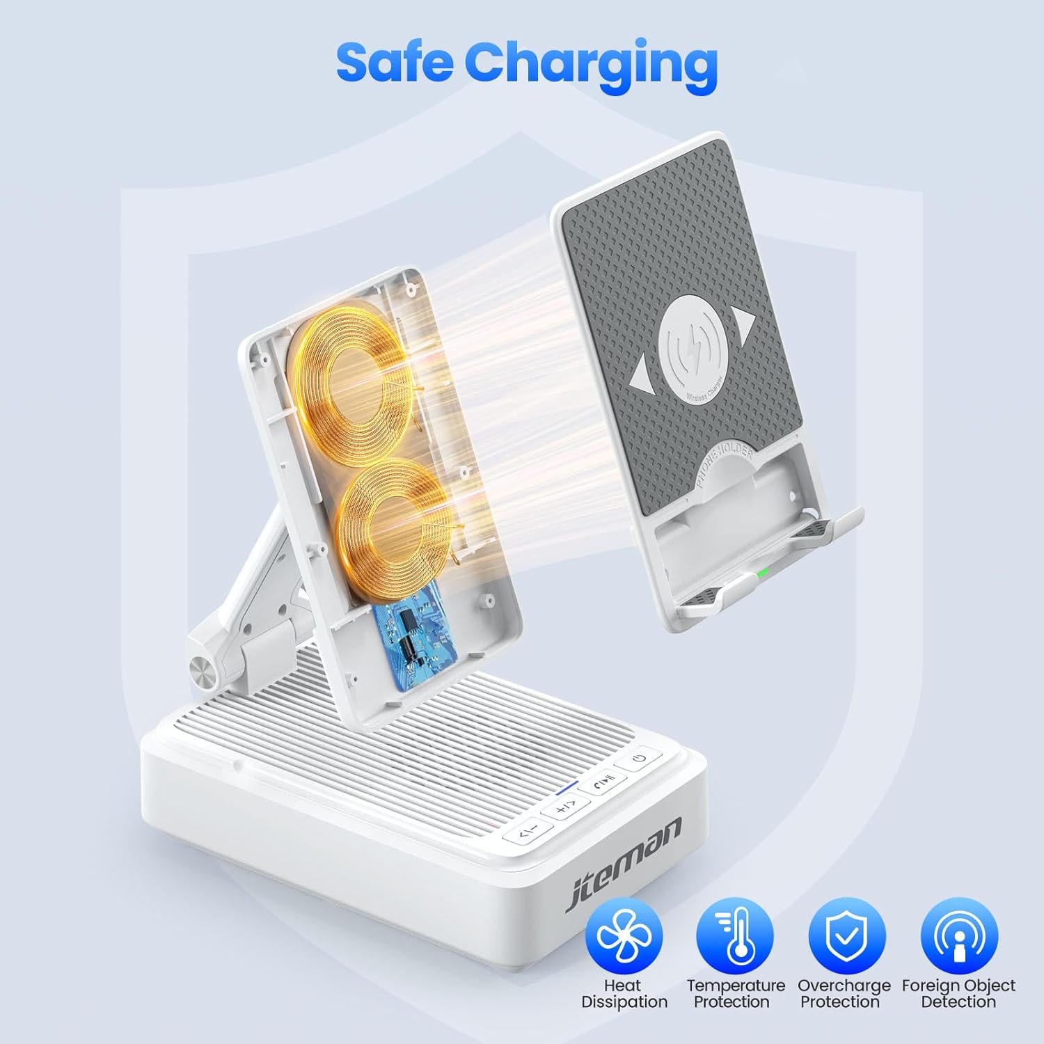 Jteman Cell Phone Stand with Bluetooth Speaker and Wireless Charger,Desktop Charging Station Stand Speaker for iPhone,Christmas Birthday Gift for Men Women (White)