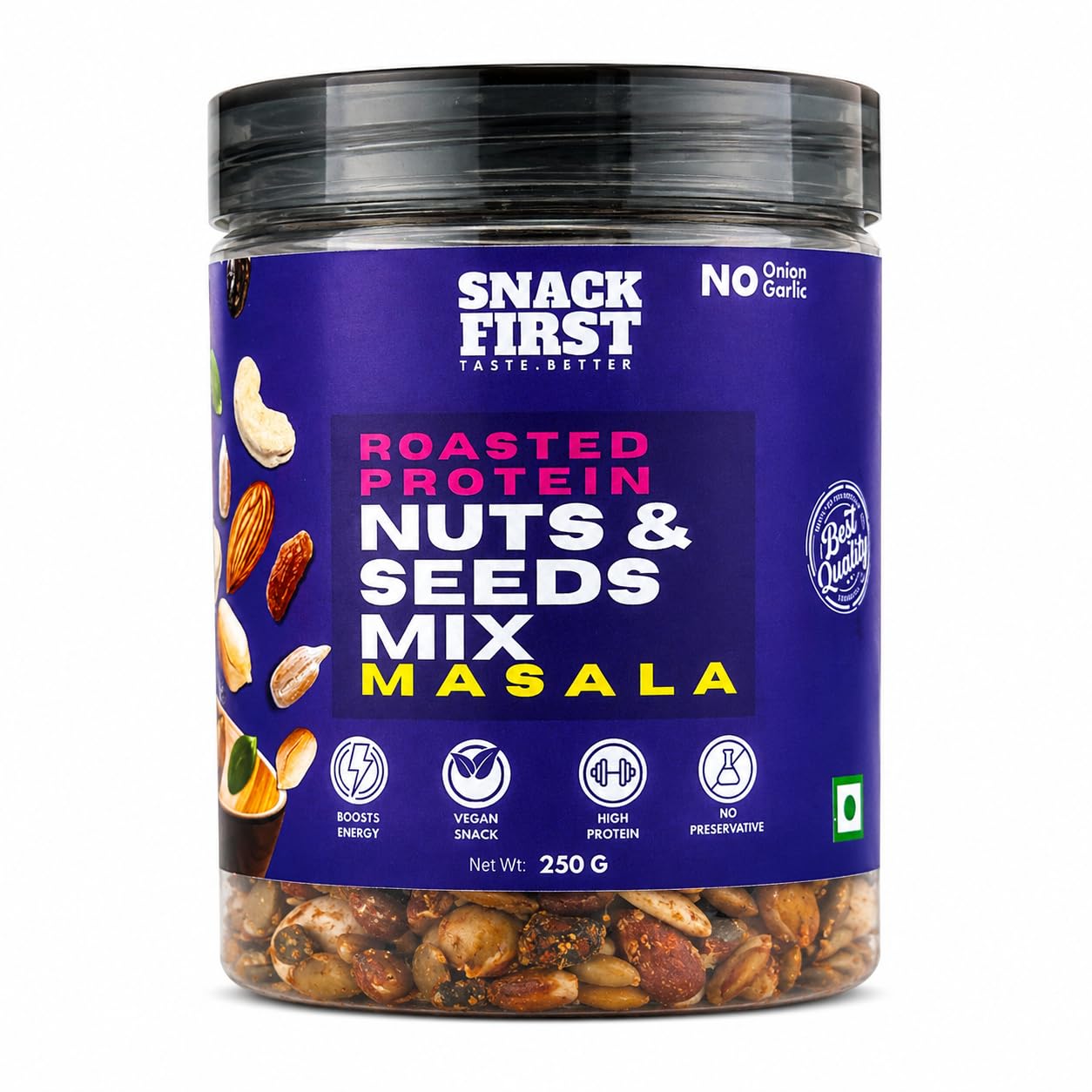 Snack First Roasted Masala Dry Fruit & Seeds Mix | No Onion No Garlic | No Palm Oil | 250G | masala dryfruit mixture | mixed dry Fruit & seeds | Almonds | Black Raisins | Cashewnuts | Pumpkin Seed | Sunflower Seed |Peanuts | Green Raisins | 7 In 1 Super Foods | Vitamin E | High protein | Healthy Snack, Gym Snack | Jar-image-15