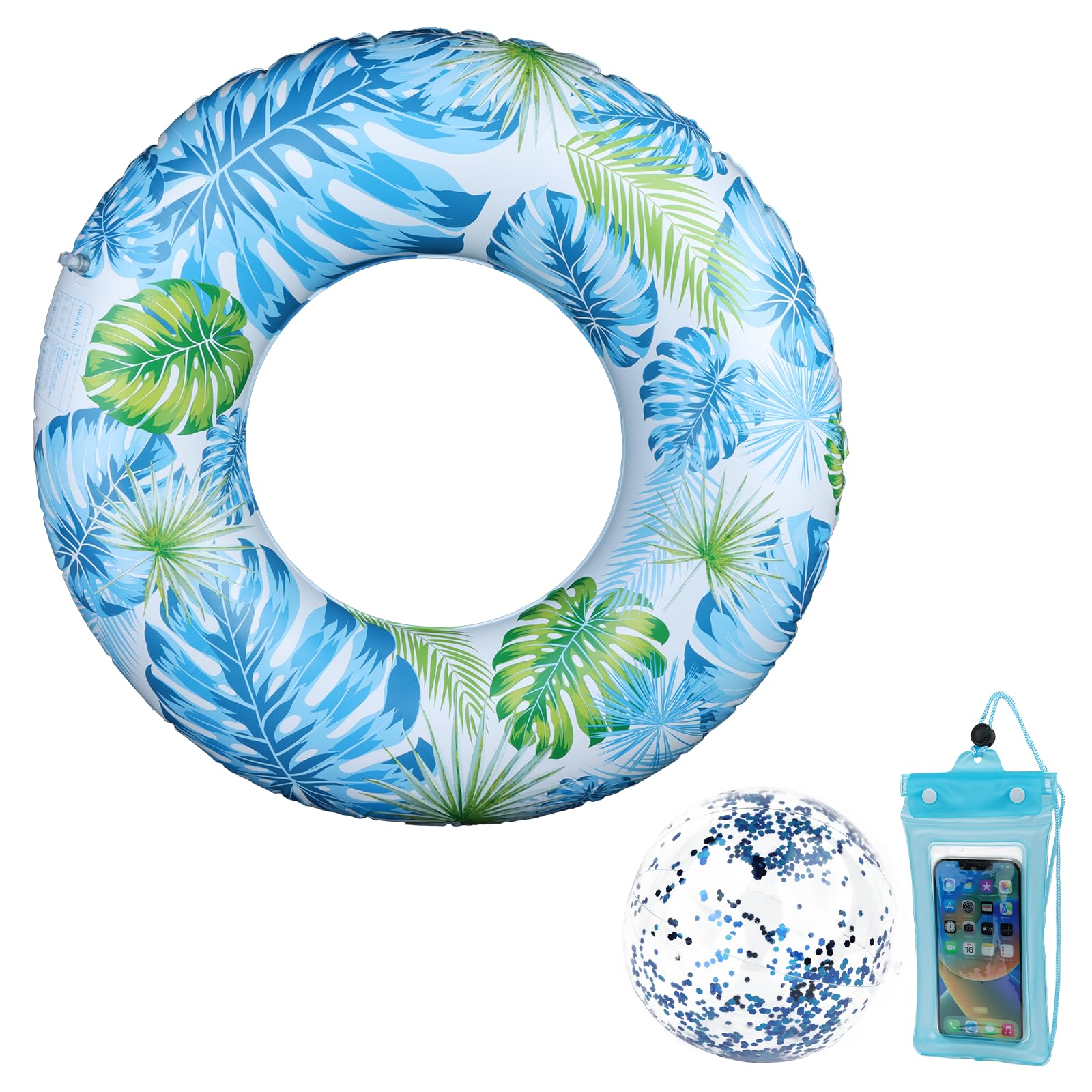 Inflatable Swimming Ring, Rubber Ring for Adults, Inflatable Ring 16 Inch Glitter Beach Ball Waterproof Phone Pouch Swim Kit for Swimming Party Travel Beach Trip Underwater