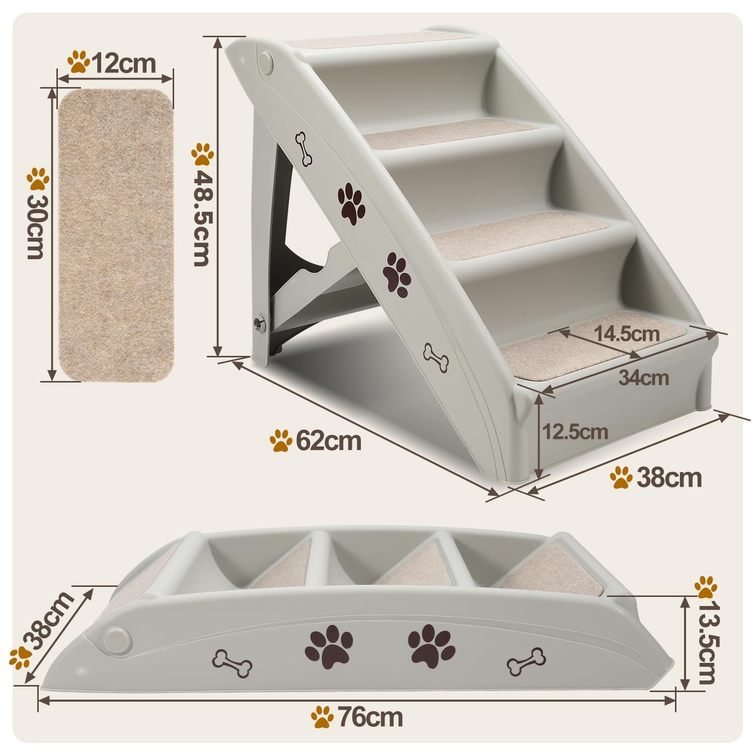 Froadp 4 Treden Hondentrap Inklapbaar Kattentrap met Stabiele Steunstangen voor Bank Auto Bed 60cm Hoog Huisdiertrap van PP-Kunststof met Antislip Mat voor Kleine Honden en Katten, Grijs
