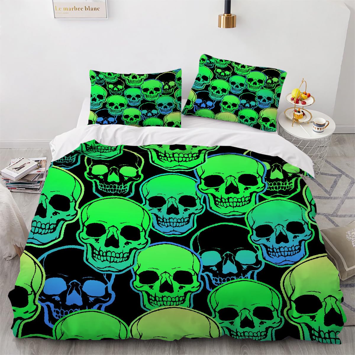Parure de lit crâne 3D 240x260cm en microfibre ultra douce à fermeture éclair robuste