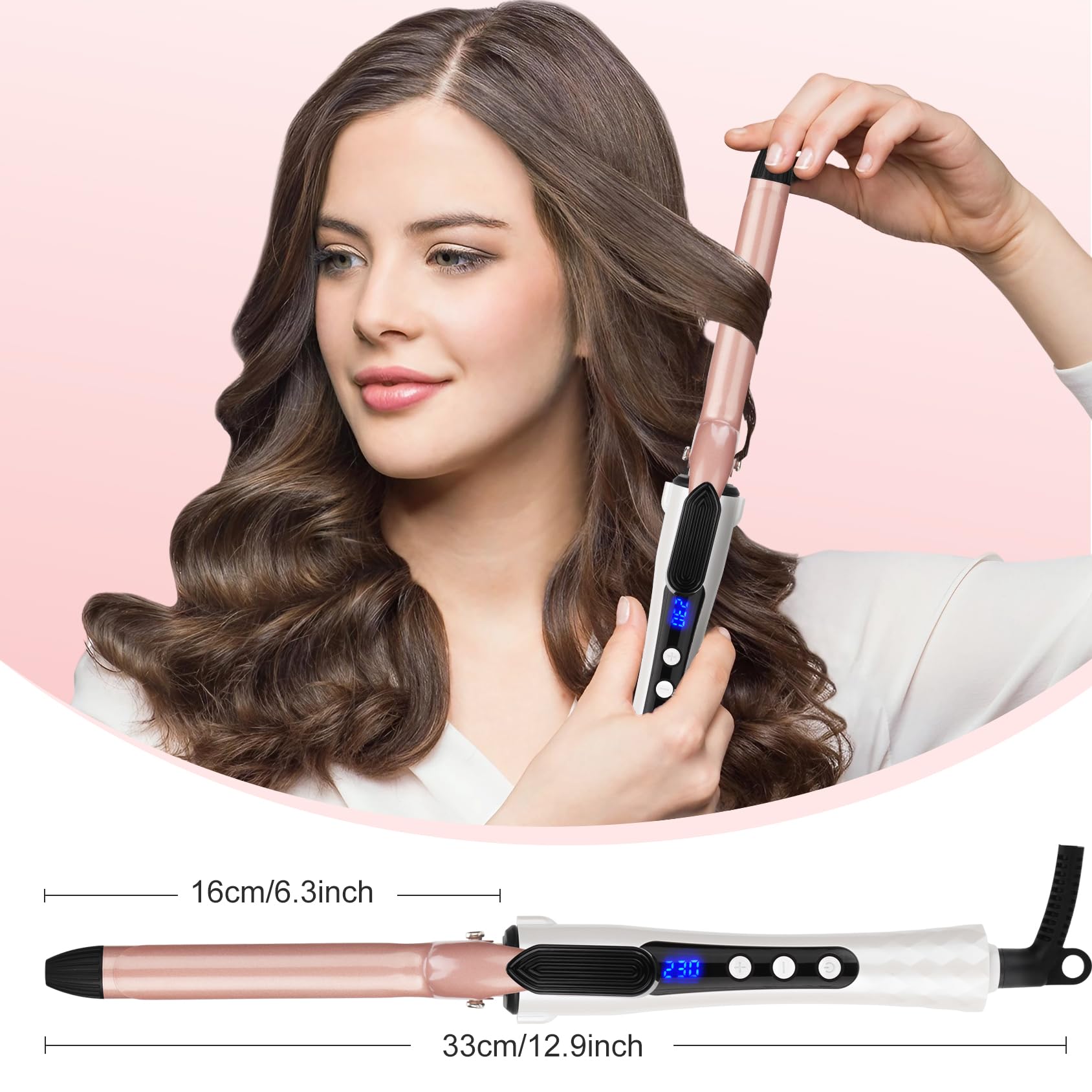 Ferro arricciacapelli professionale da 3/4 pollici, ferro arricciacapelli con clip in ceramica per capelli corti e lunghi, display LCD con guanto, doppia tensione