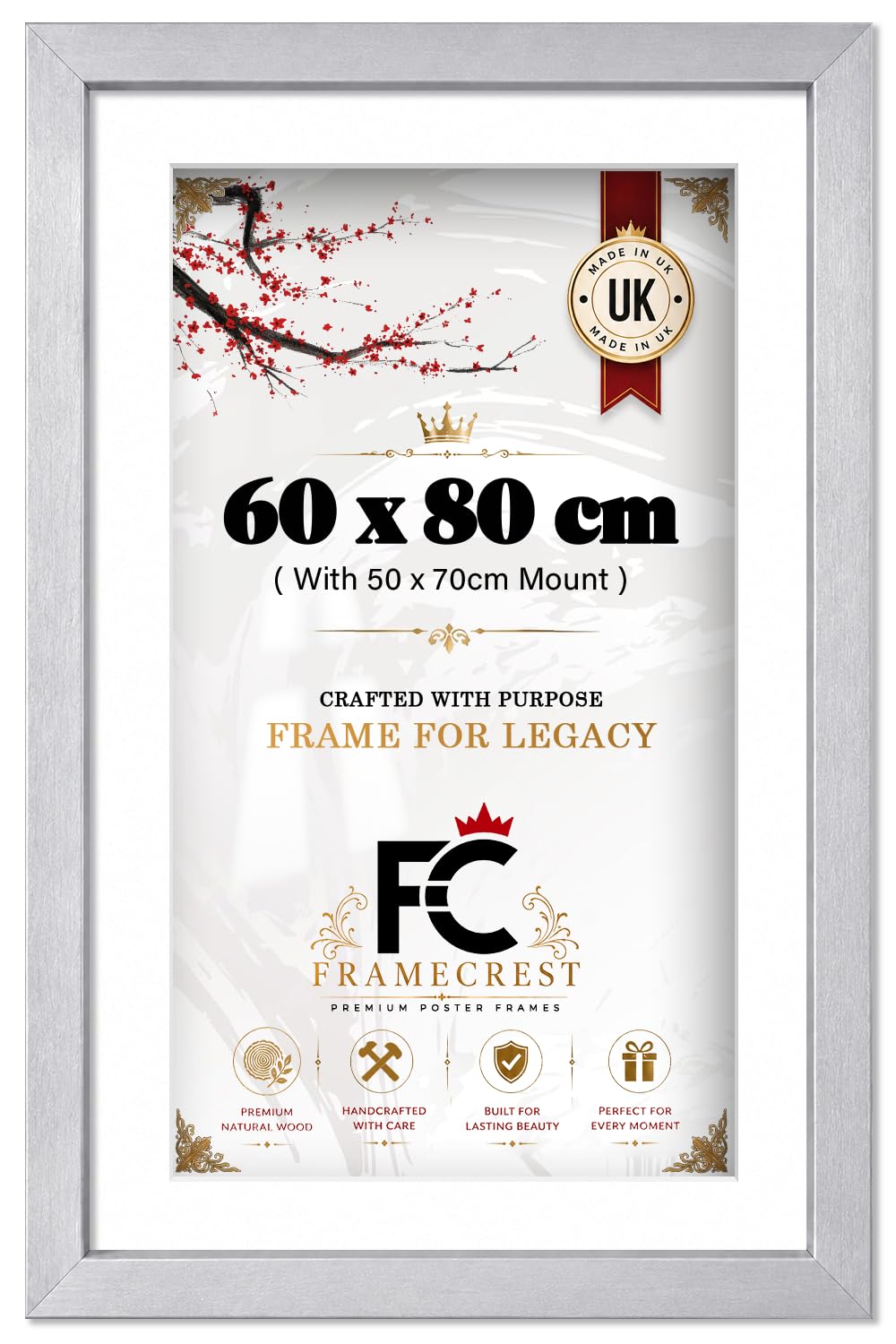 FRAMECREST LTD 60 X 80 Cm Picture Frame With 70 X 50 Cm White Mount, Large Wall Photo Frame For Posters And Art Prints, Engineered Wood Surround With Styrene Front Wall Hanging — [Silver]