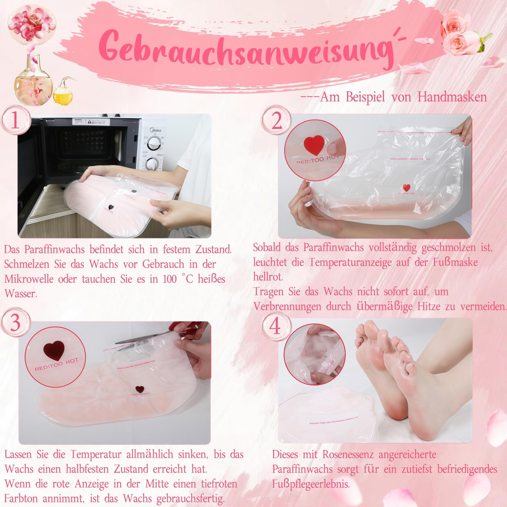 Guanti per il trattamento della paraffina, guanti in cera di paraffina, maschera curativa per la cura della pelle ammorbidente per la cura dei piedi (Rosa rosato)