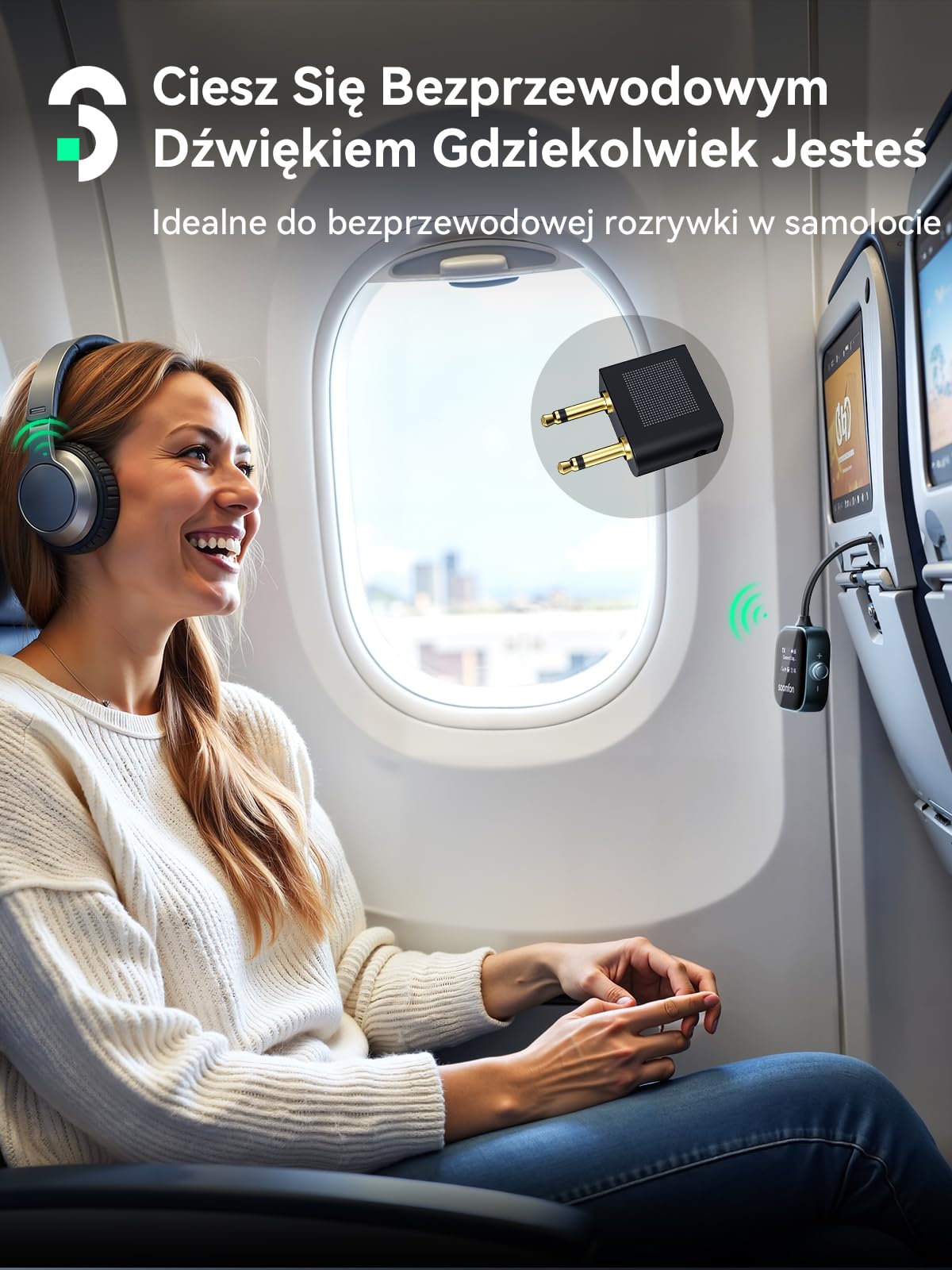 SOOMFON Odbiornik nadajnika Bluetooth 5.3 z gniazdem 3,5 mm z ekranem LCD, podwójne parowanie, adapter Bluetooth AUX 13H, bezprzewodowy nadajnik audio 2 w 1, do samolotu, telewizora, słuchawek