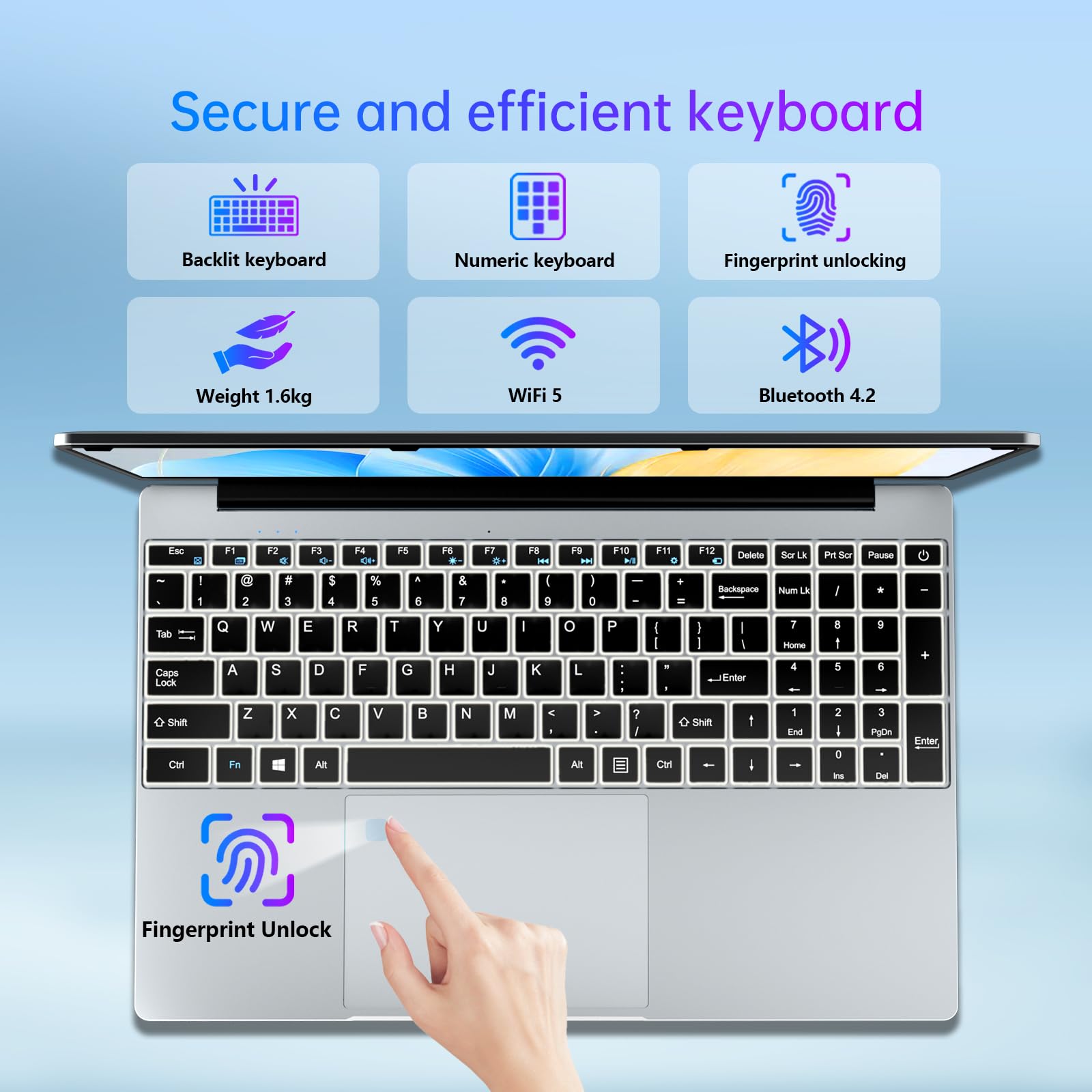 15,6" Notebook, Win 11 PC Portatile 16GB RAM 512GB SSD, Celeron N5095 CPU, 180° Opening and Closing Schermo, Laptop Digitale Tastiera Retroilluminata+Sblocco Impronta Digitale, Mini HDMI+USB 3.0