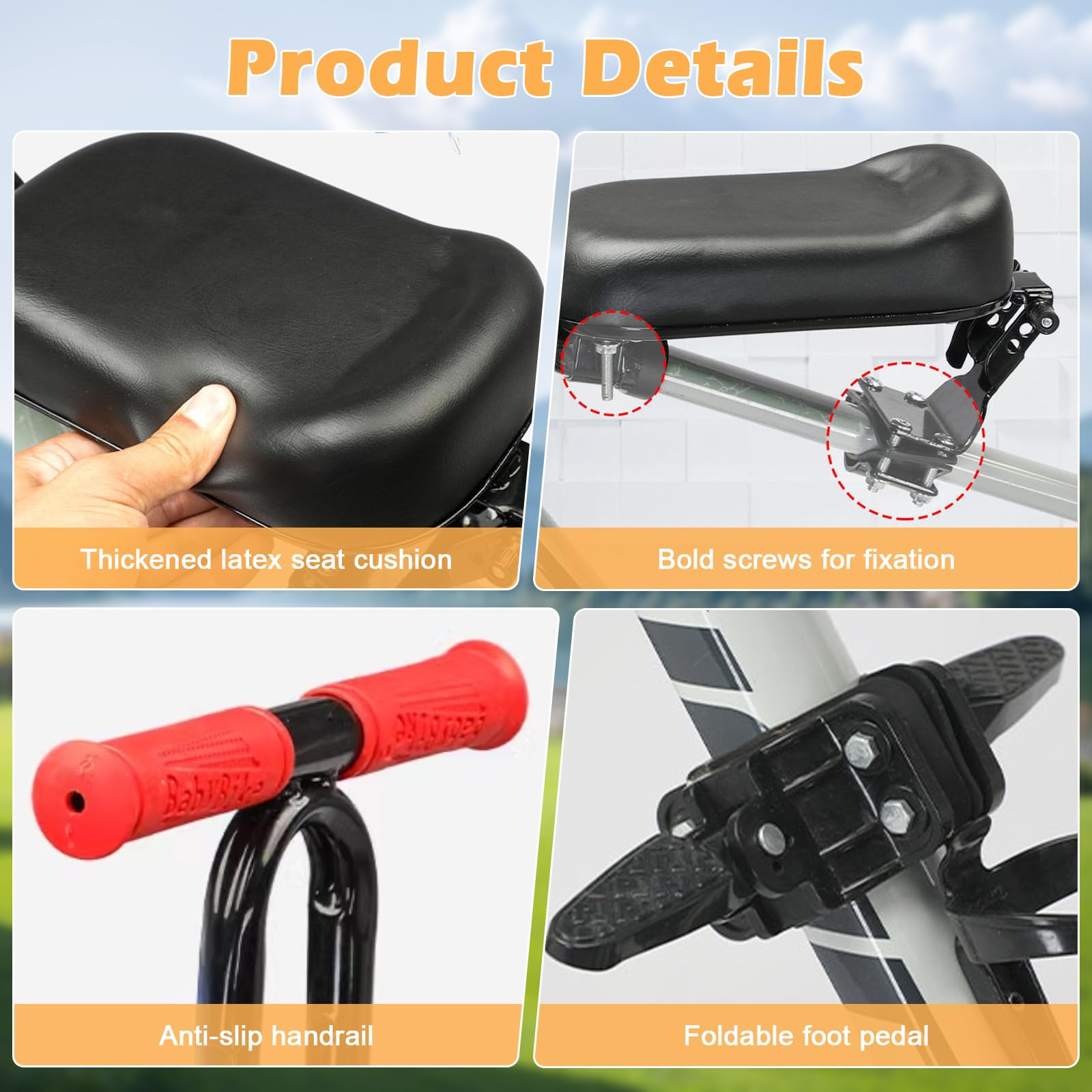 Asiento de Bicicleta para Bicicleta de Montaña,Silla de Bicicleta Delantera con Reposapiés y Asa para Niños, Ultraligero, Portátil, Plegable, Sin Montaje Herramientas