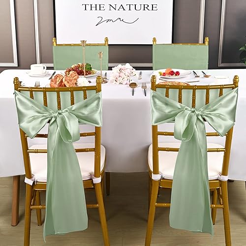 Miniatura 7 de fani 60 piezas de lazos de satén verde salvia para sillas, bandas universales para decoración de sillas en bodas, recepciones, restaurantes,