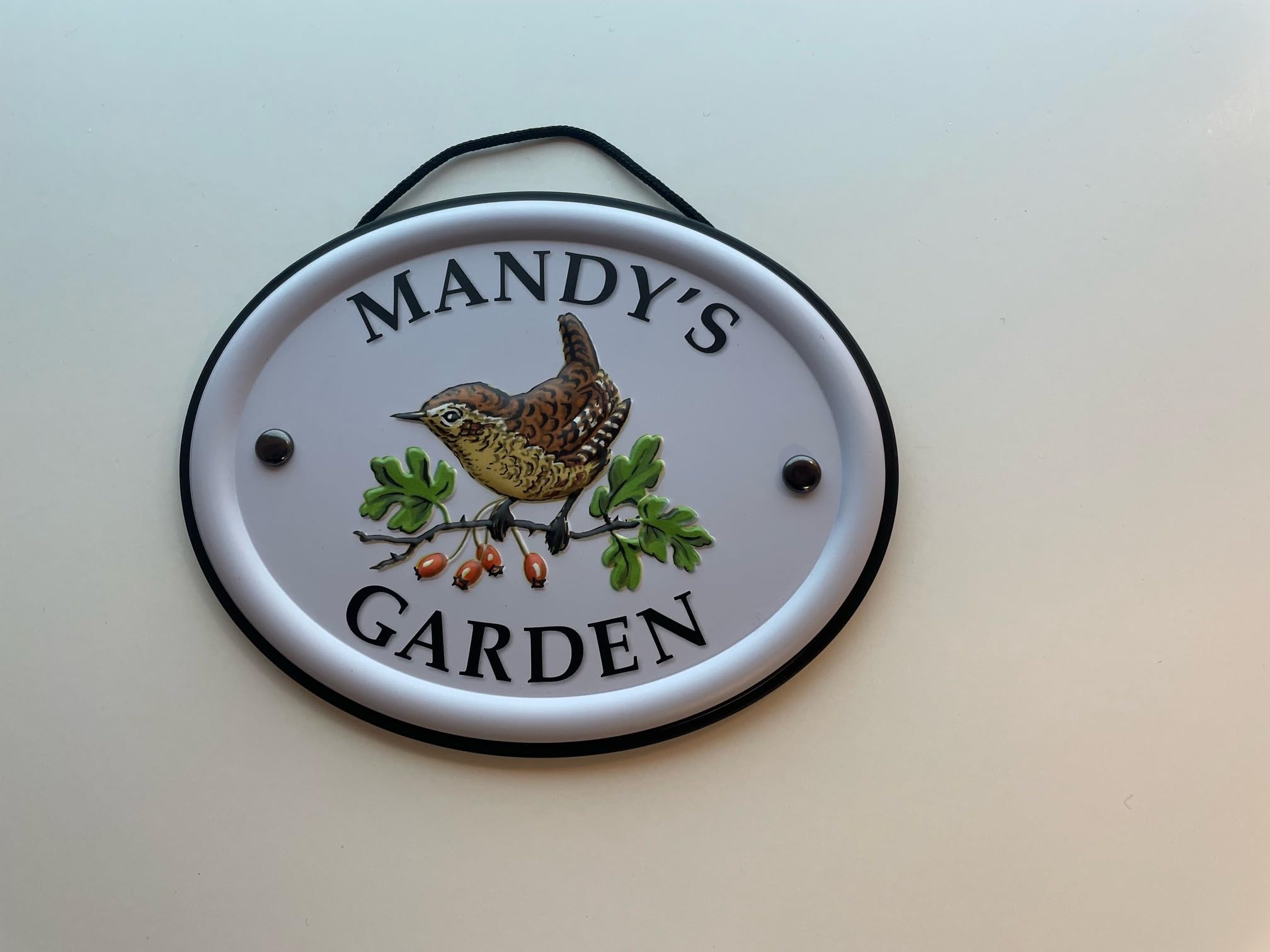 Personalised Embossed Metal Garden Sign 12x15cm – British Bird Design – Outdoor Decorative Hanging Garden Plaque – Weatherproof Metal Sign for Garden Walls Fences or Sheds (Mandy)