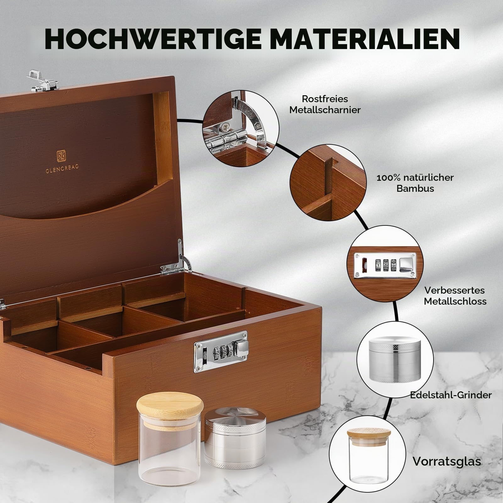 GLENCREAG Geruchsneutrale Bambus-Aufbewahrungsbox mit Rolltablett, Schloss