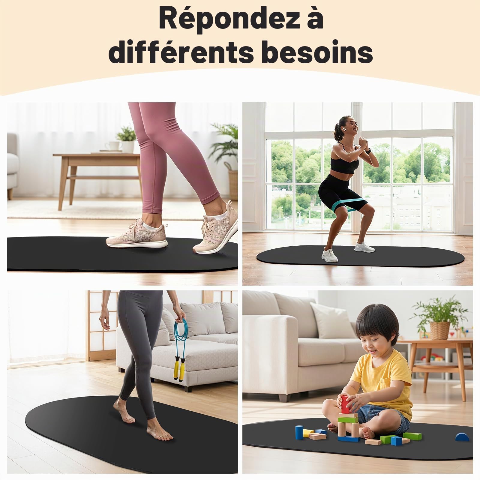 bimiti Tapis en corde à sauter - 140 x 90 cm - Antidérapant - Épaisseur : 7 mm - Absorbe les chocs - Ovale - Pour saut à la corde, yoga, entraînement (noir)