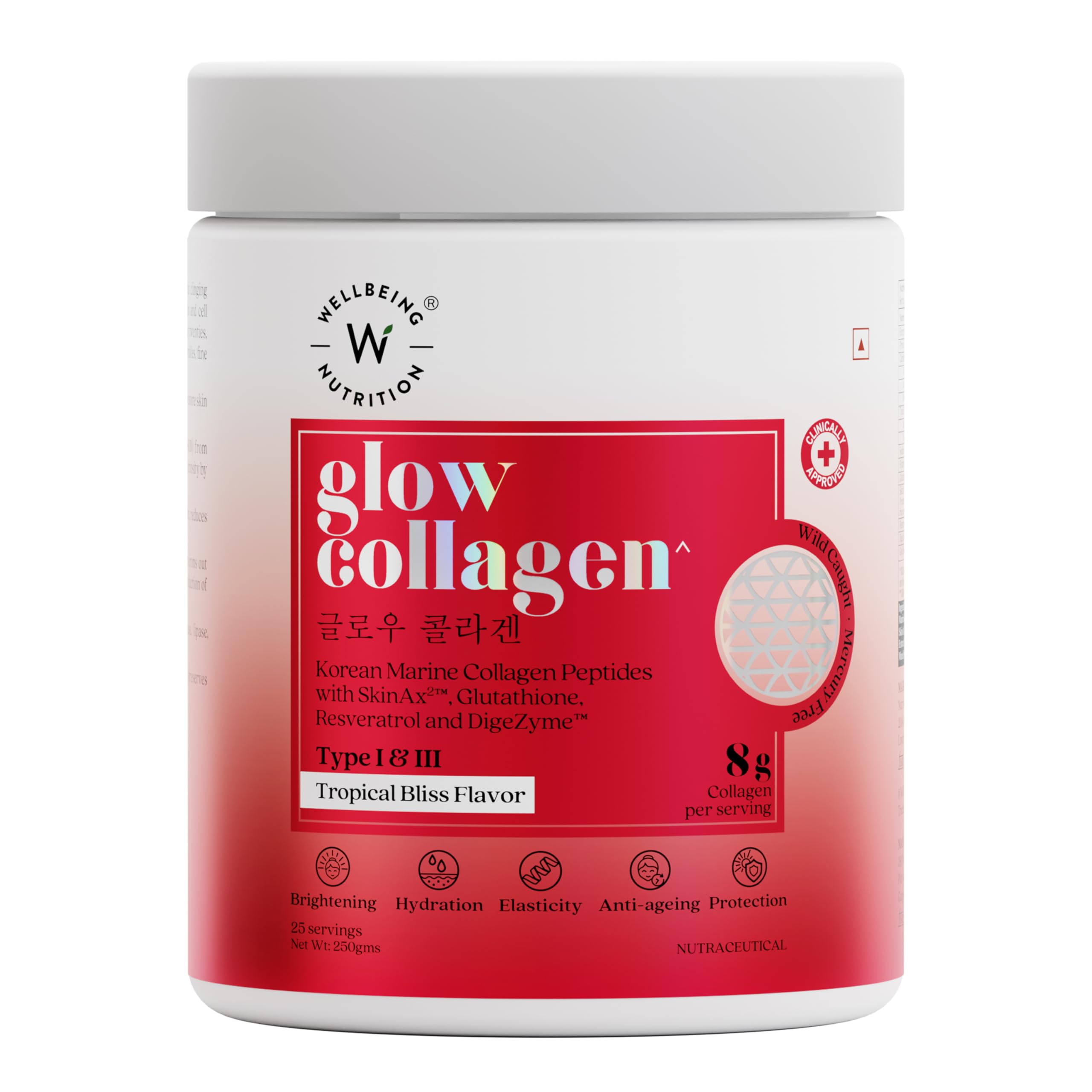 WELLBEING NUTRITION Glow Collagen with Glutathione|Collagen Supplements Marine Collagen Powder with SkinAx², Resveratrol, Bromelain & Goji Berry|250g - Tropical Bliss Flavor, 1 count, 25 servings