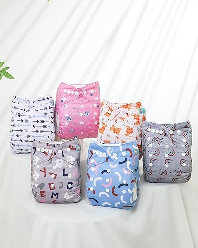 Miniatura 8 de ALVABABY Pañales de tela para bebé, paquete de 6 con 12 inserciones, fundas de pañales de tela, ajustables, lavables, reutilizables, para bebés y