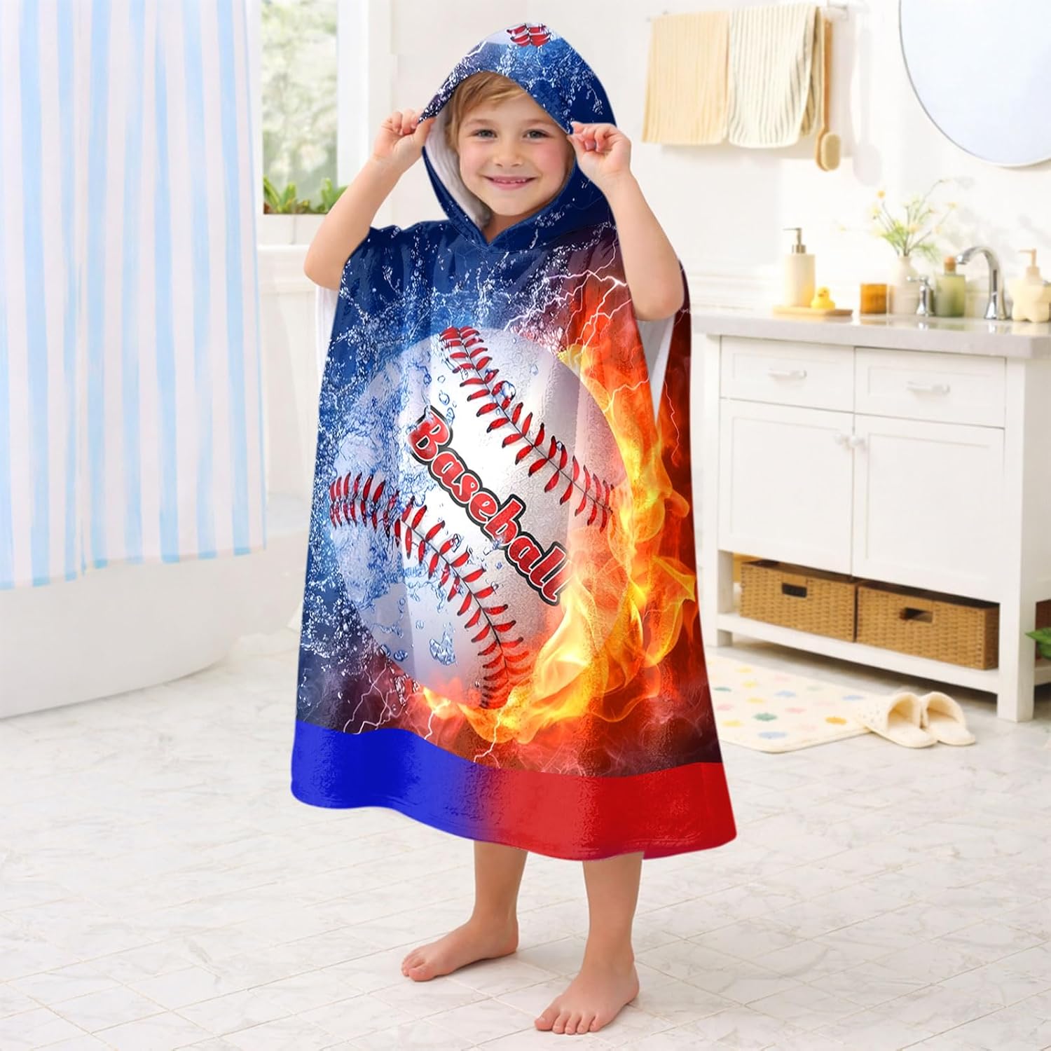 Kids Hooded Beach Towels Wrap for 8-14 Years,Cute Baseball Theme Boys Swim Cover Up for Bathroom，31"x39" Quick Dry Blue Red Large Bath Towel Poncho,Perfect for Travel Vacation,Pool Party,Swimming