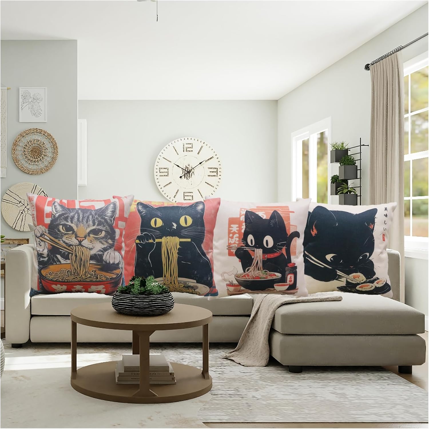 Vintage Japanese Cat Pillow Cover Funny Cat Sushi Ramen Noodle Throw Pillow Covers Black Cats Pillow Cases Animal Kitty Pillowcase Cotton Linen Cushion Cover for Couch Sofa Bed 18x18 Set of 4