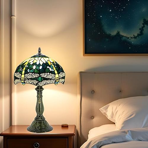 Miniatura 5 de Tiffany Lamp Stained Glass Table Lamps Yellow Dragonfly Style Desk Lamp 12X12X18.5 Inch Bronze Ceramic Base Reading Light Suitable for Bedside