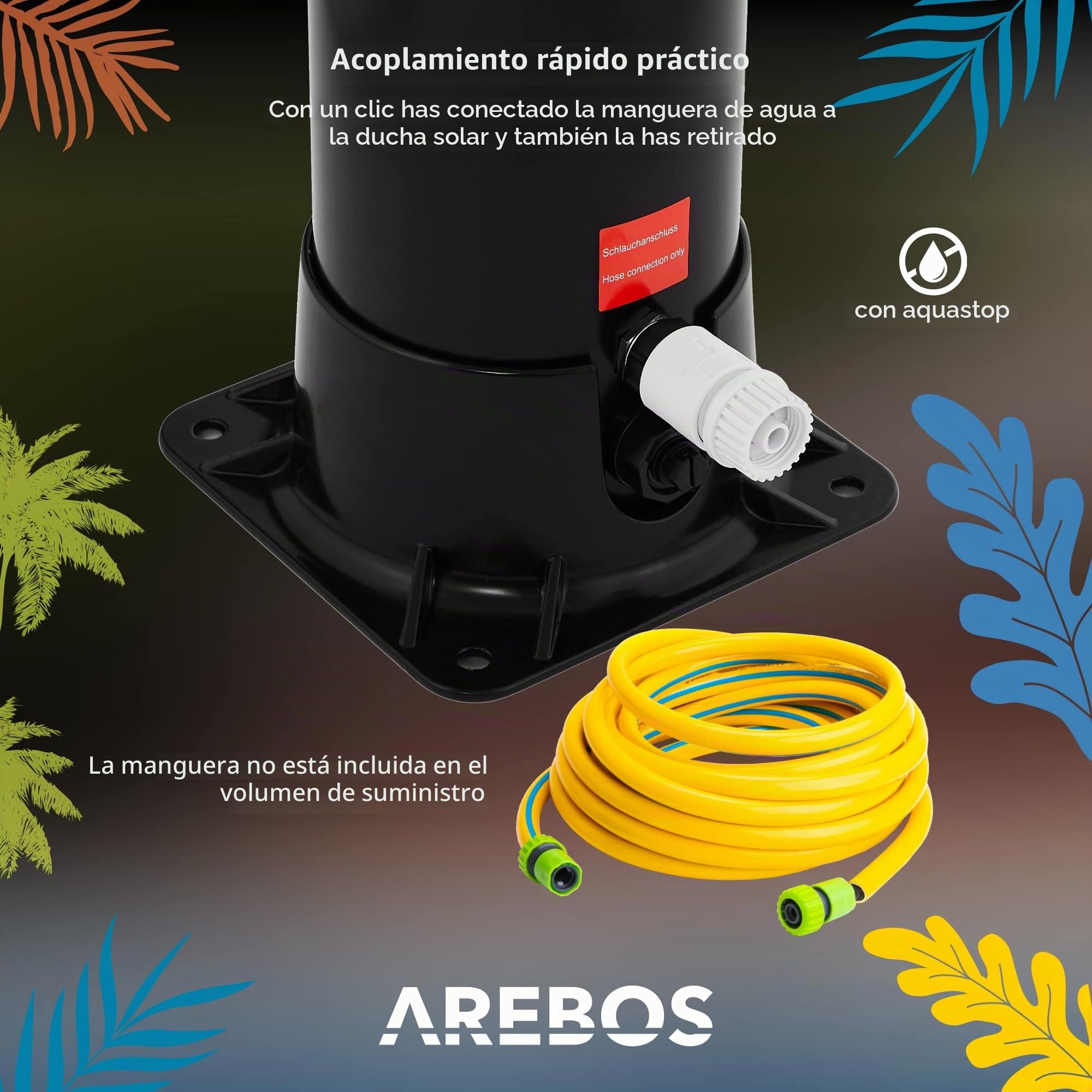 Arebos Ducha Solar 40 L con Base | Negro Premium | Base de Acero Antracita | Ducha de Mano Desmontable | Ducha Exterior jardín
