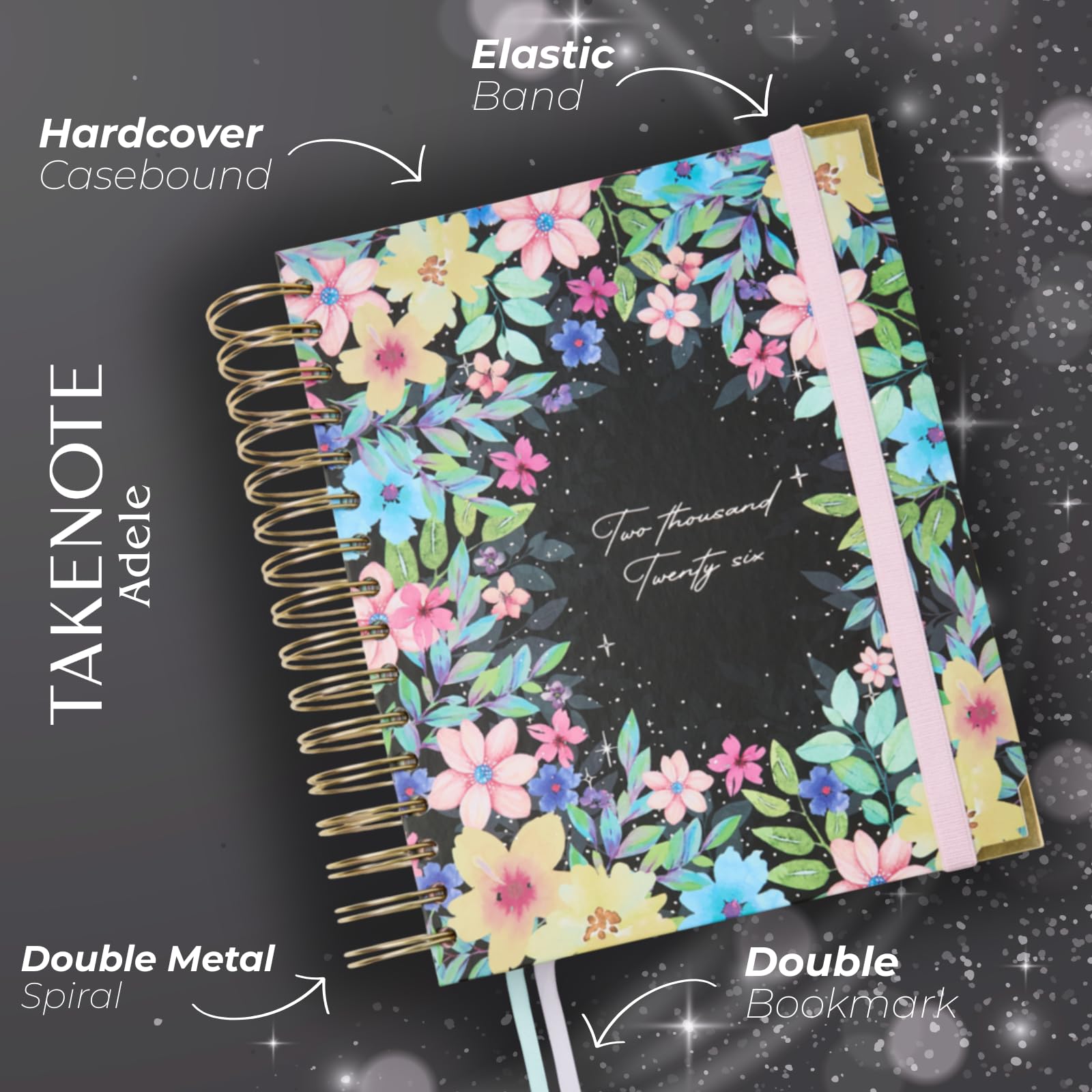 Takenote Diary 2026 - A5 Size (16.5x20.5 cm), Week-to-View, 12-Month Annual Planner January to December, Double Gold Spiral, Dual Bookmark, Elastic Band, Spanish & English - Adele - Image 4