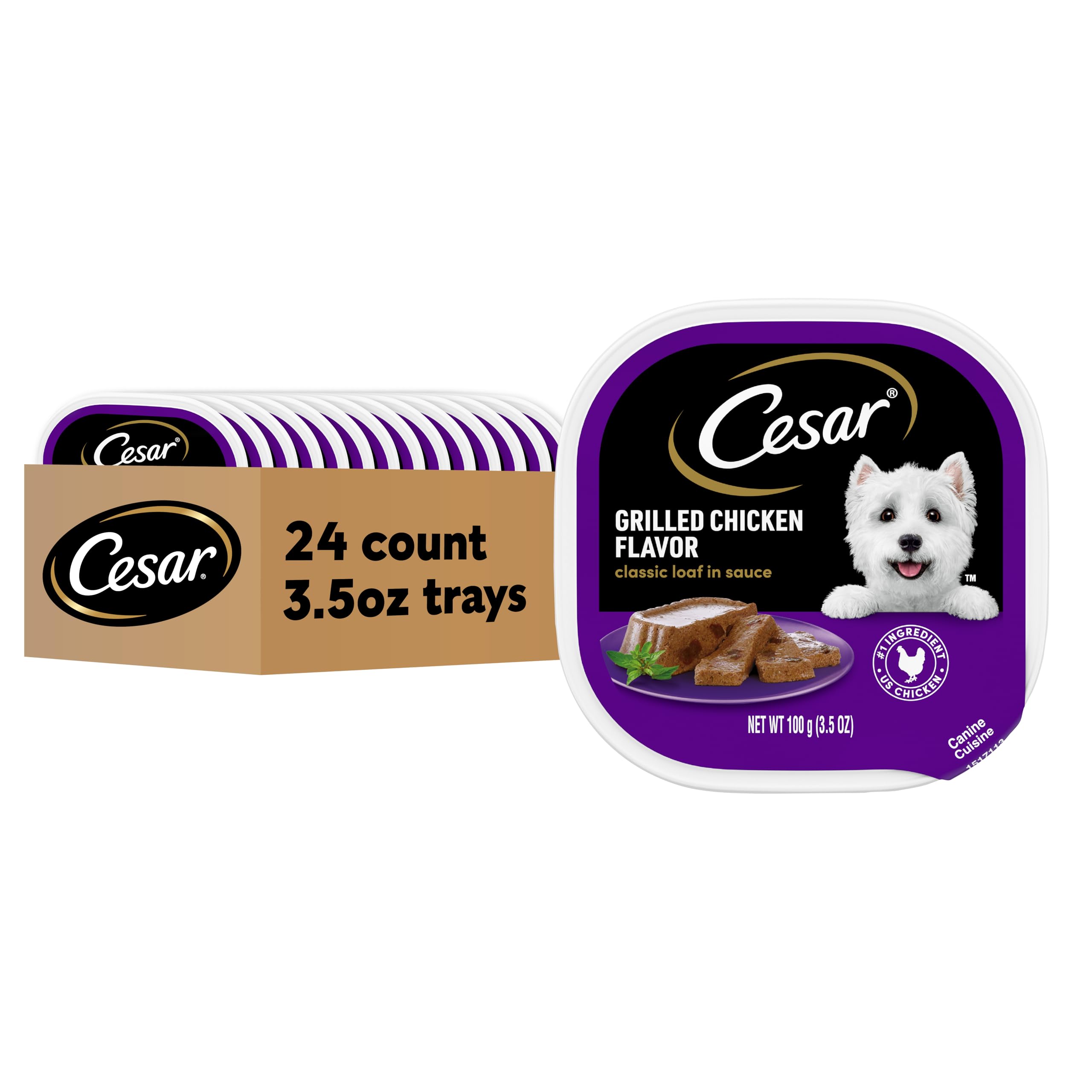 Cesar Classic Loaf in Sauce Adult Wet Dog Food Grilled Chicken Flavor, Wet Food for Dogs, 3.5 oz Easy Peel Trays, 24 Count
