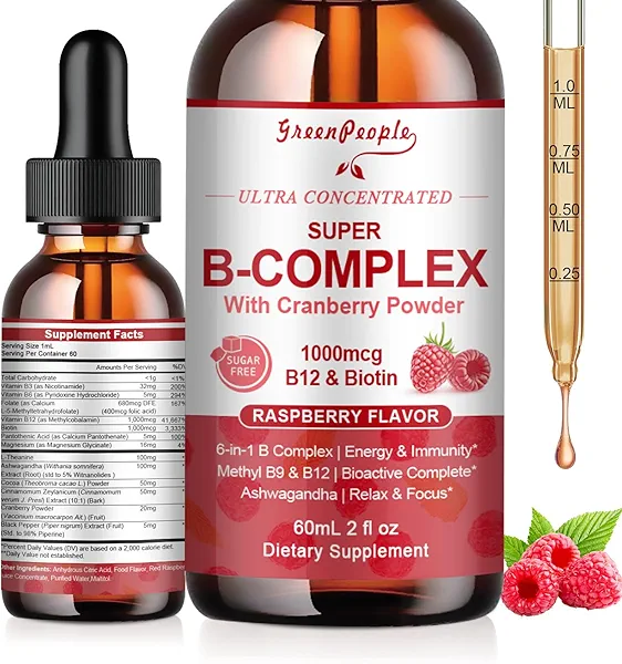 GREENPEOPLE Super B-Complex Liquid Drop | Methyl B12 + L-Methyl Folate | Support Energy Metabolic, Immunity & Cognitive | Bioactive B Vitamins Complex w/ 5-MTHF(B9),B3,B5,B6,B7,B12 - Vegan, 2fl 2 Pack