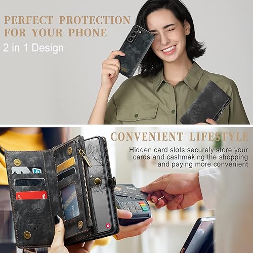 Miniatura 5 de CaseMe - Funda tipo cartera para Samsung Galaxy S23 Plus/S23+, cuero retro hecho a mano 2 en 1, desmontable con cremallera y ranuras para tarjetas y