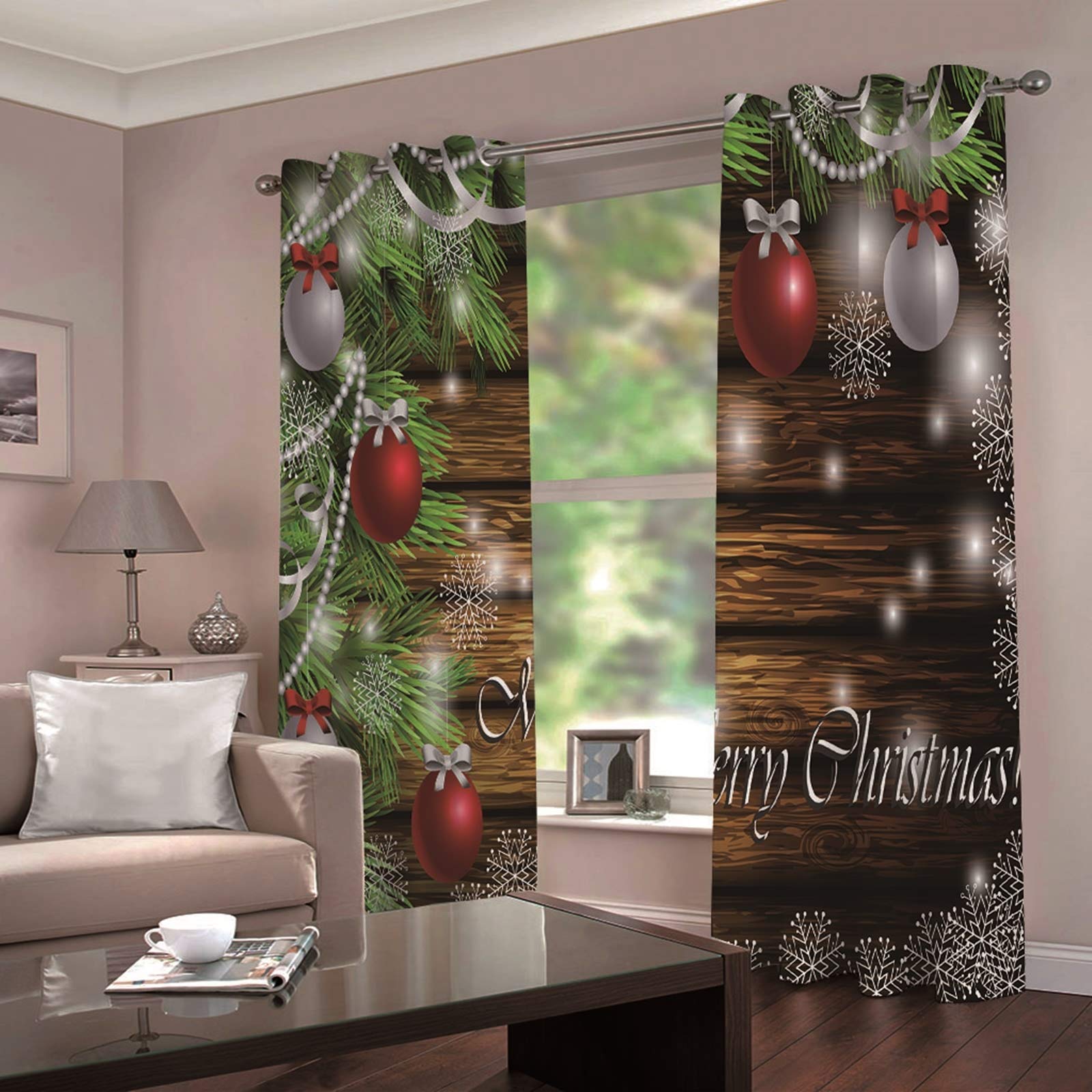 Daesar Lot De 2 Rideau Fenetre Noel, Rideau Classique Salon Décoration de Noël et Flocon de Neige Rideau Fenetre Chambre 107x138CM Rideaux Occultants Marron Vert Rouge