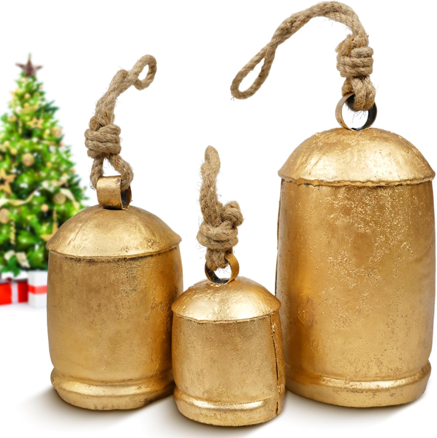 DIYANA IMPEX Set of 3 Rustic Gold Christmas Bells for Decoration - Perfect for Cow Bell, Door Hanging, Staircase, Wall (Extra Large)