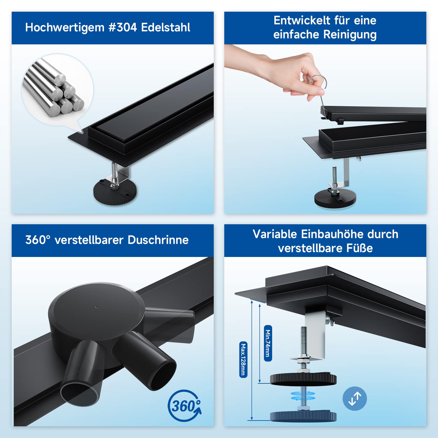 Duschrinne 80cm Edelstahl 360 verstellbar mit Siphon und Haarfilter für Badewanne, Küche und Balkon