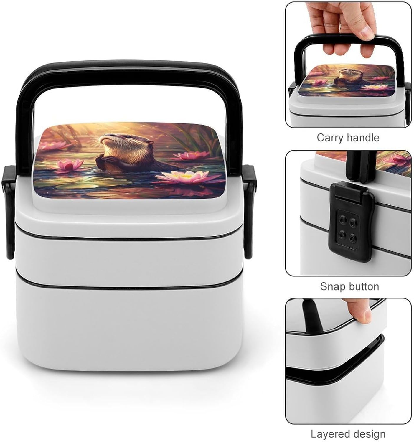 Otter Lotuses Bento Box with Spoon 2 Layer Food Container Cute Lunch Box for Travel Dining Work